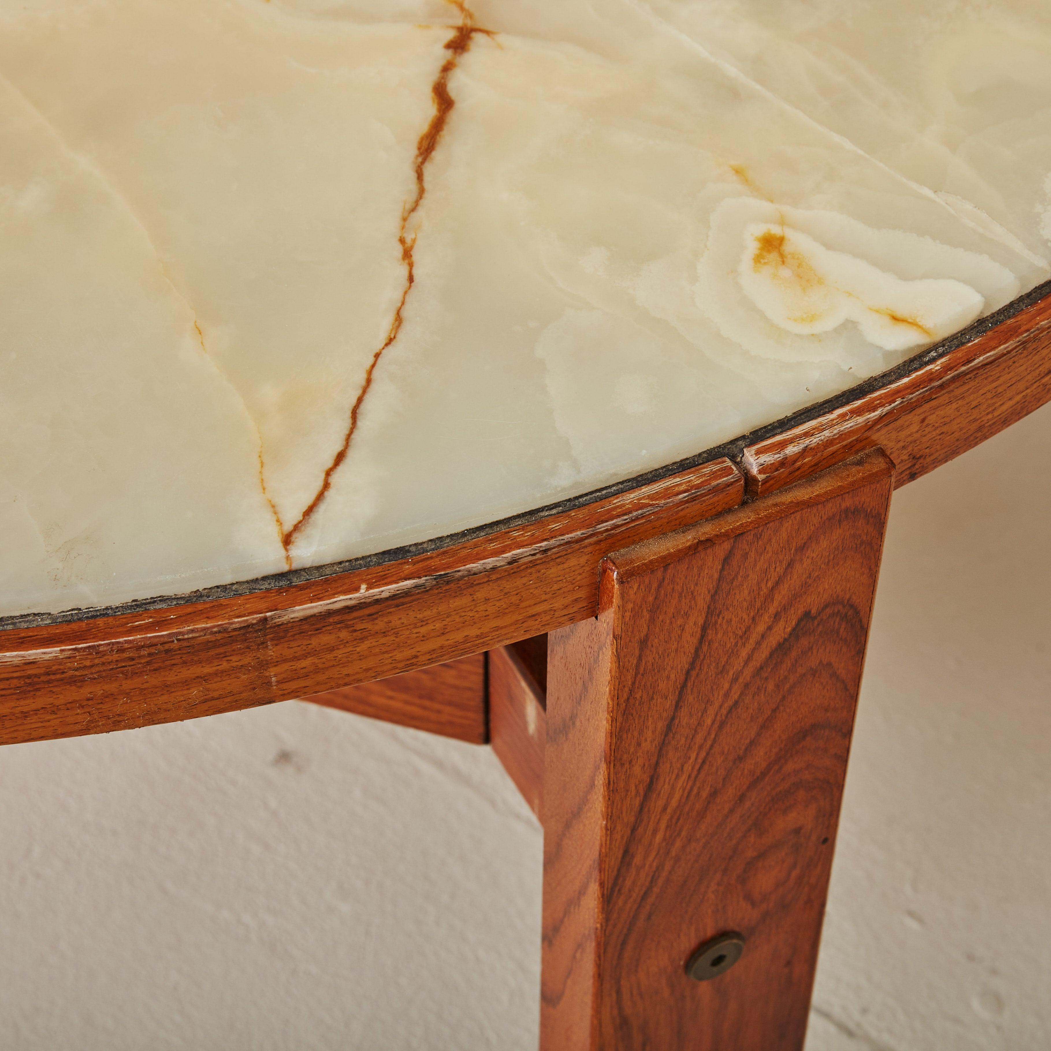 Stone Round Onyx + Wood Coffee Table Attributed to Trioh, Denmark 1960s