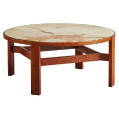 Round Onyx + Wood Coffee Table Attributed to Trioh, Denmark 1960s