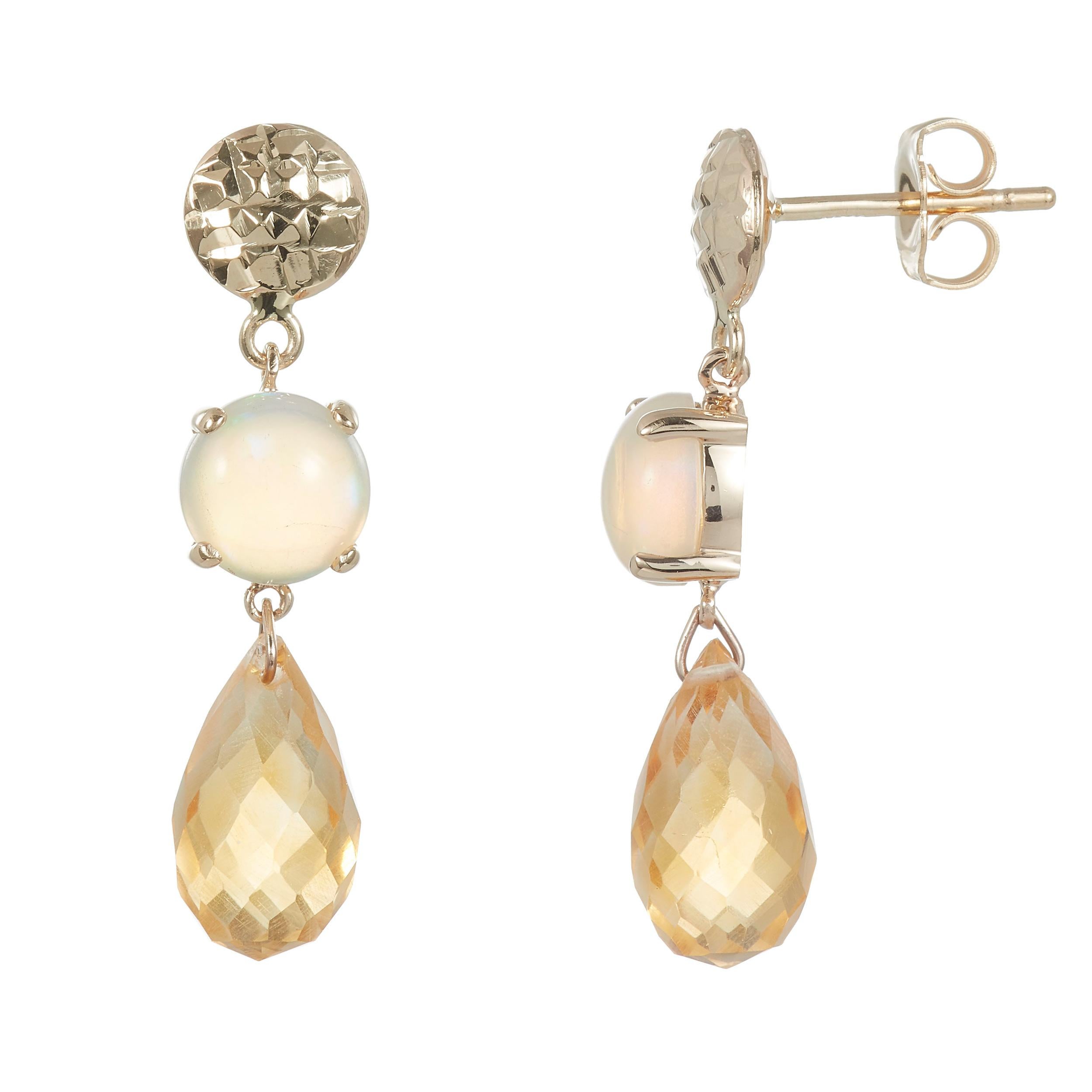 Metal: 14K Yellow Gold
Stones: 2 Round Opals at 1.64 Carats Total
Accent Stones: 2 Briolette Citrines at 4.92 Carats Total
Earring Length: Approximately 1 Inch Long

Fine one-of-a-kind craftsmanship meets incredible quality in this breathtaking