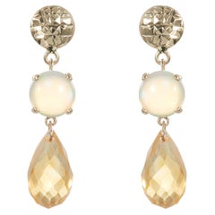 Round Opal Briolette Shaped Citrine Dangle Drop Earrings 14K Yellow Gold Modern