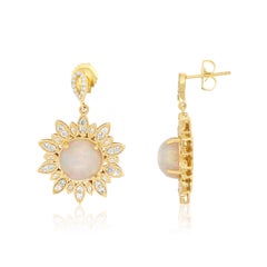 Round Opal Drop Dangle Round Diamond Sunburst Earrings 14K Yellow Gold