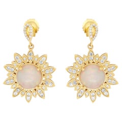 Round Opal Drop Dangle Round Diamond Sunburst Earrings 14K Yellow Gold