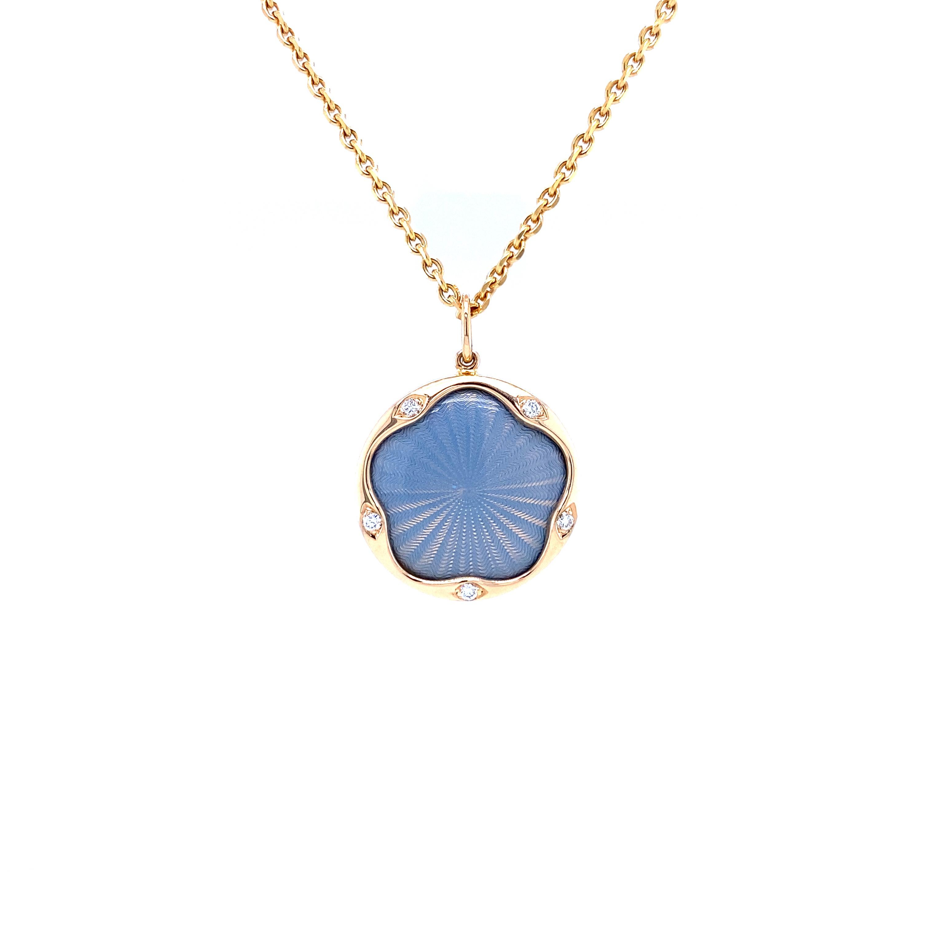Victor Mayer round pendant necklace 18k rose gold, Macaron Collection, translucent opalescent turquoise vitreous enamel, guilloche, 5 diamonds total 0.07 ct, G VS, brilliant cut, diameter app. 19.0 mm

About the creator Victor Mayer
Victor Mayer is