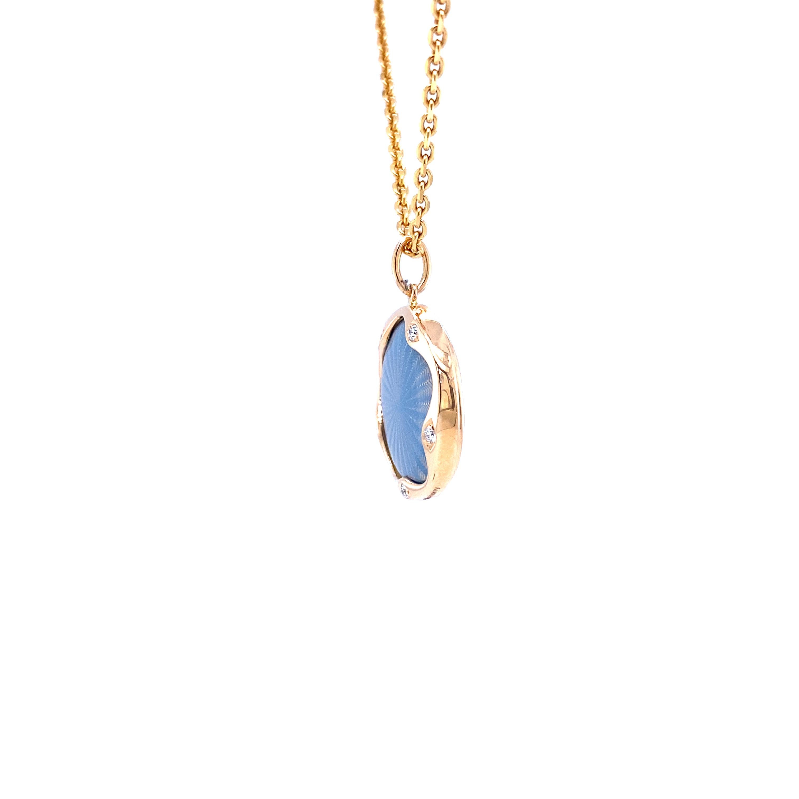 Art Deco Round Pendant Necklace 18k Rose Gold Turquoise Enamel Guilloche 5 Diamond 0.07ct For Sale