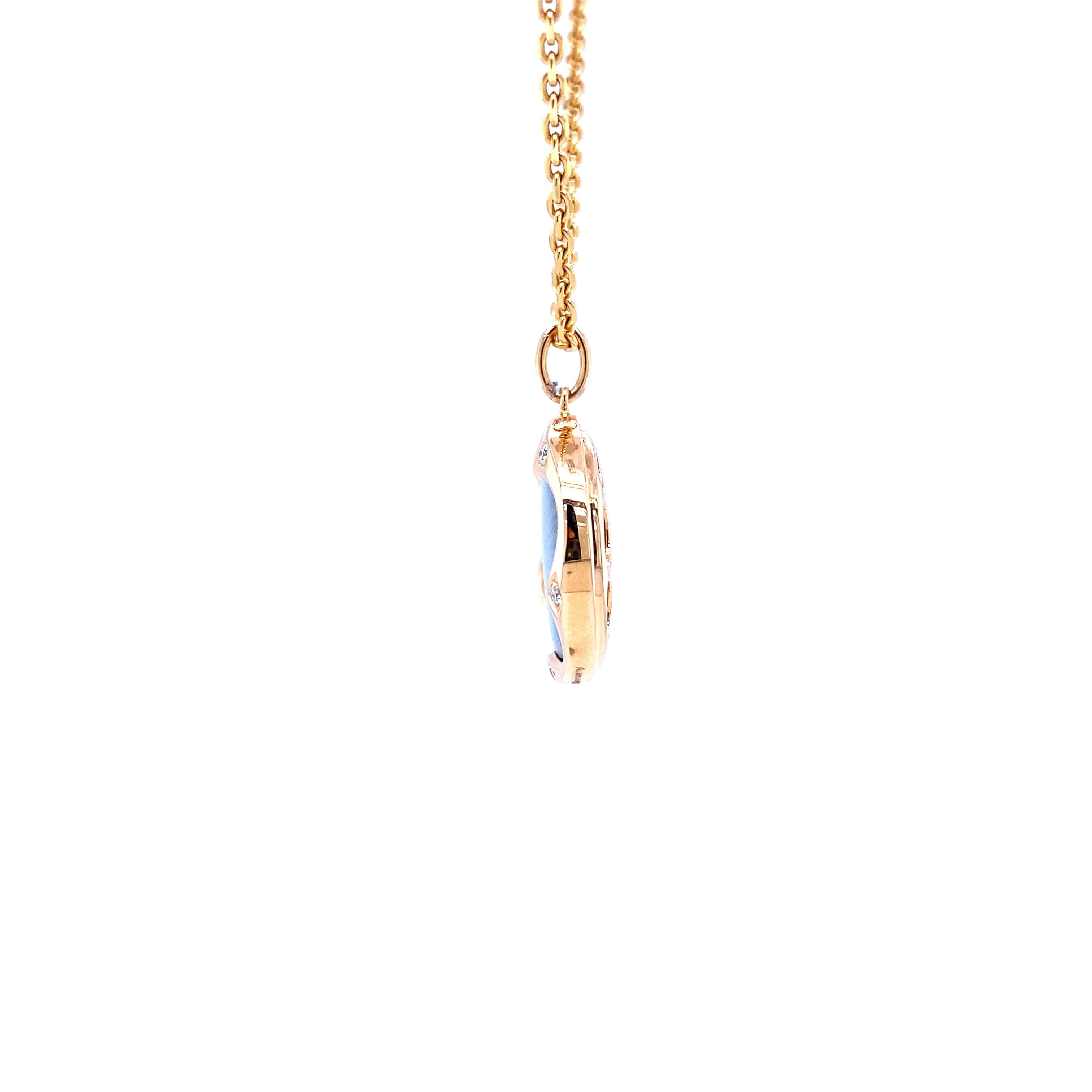 Brilliant Cut Round Pendant Necklace 18k Rose Gold Turquoise Enamel Guilloche 5 Diamond 0.07ct For Sale