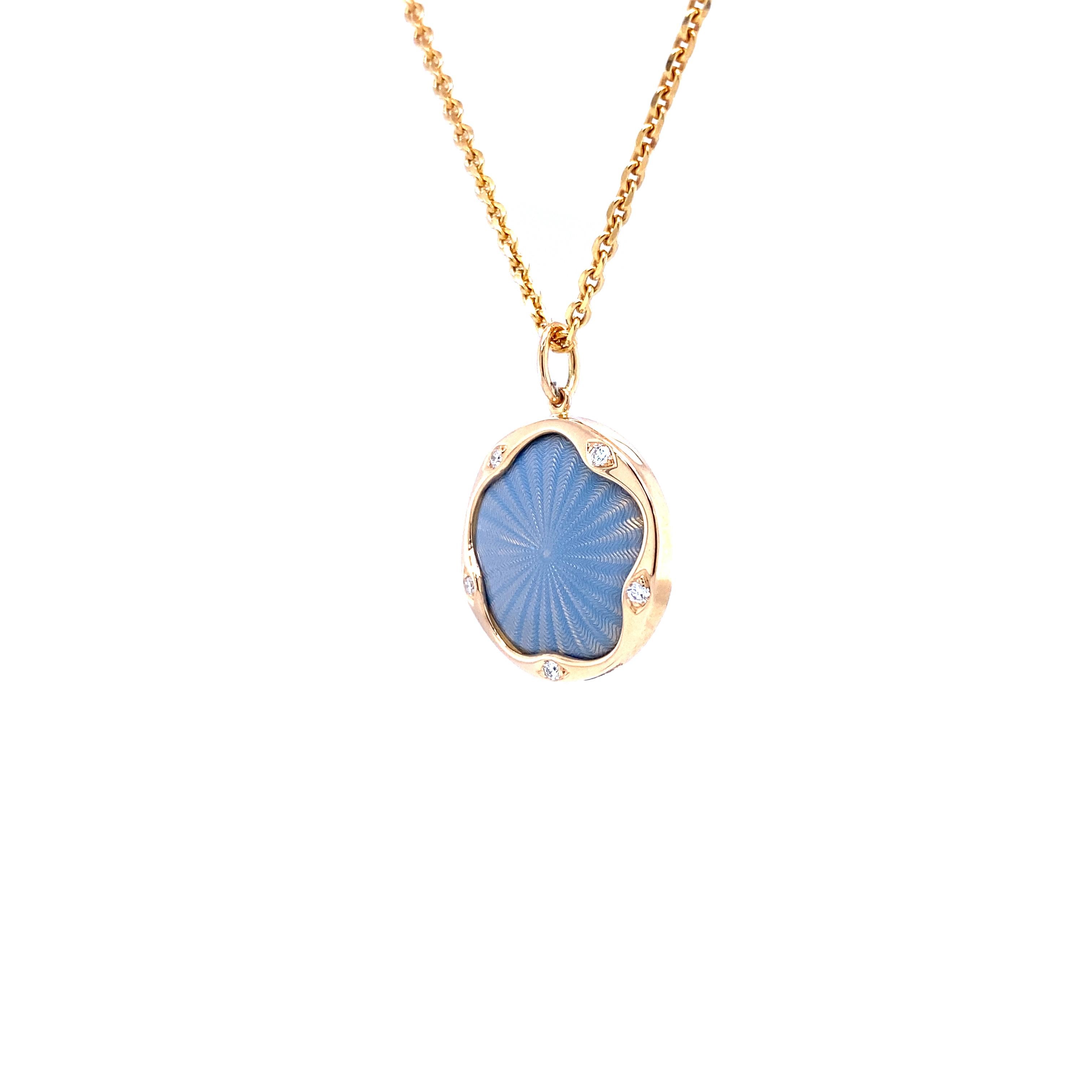 Round Pendant Necklace 18k Rose Gold Turquoise Enamel Guilloche 5 Diamond 0.07ct In New Condition For Sale In Pforzheim, DE