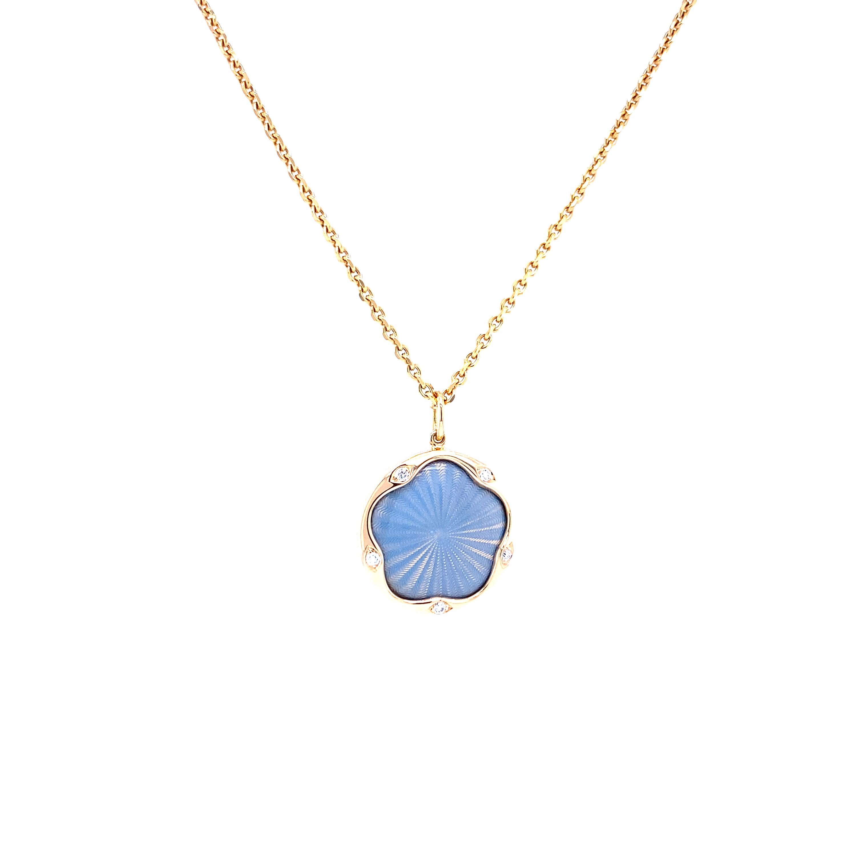 Women's Round Pendant Necklace 18k Rose Gold Turquoise Enamel Guilloche 5 Diamond 0.07ct For Sale