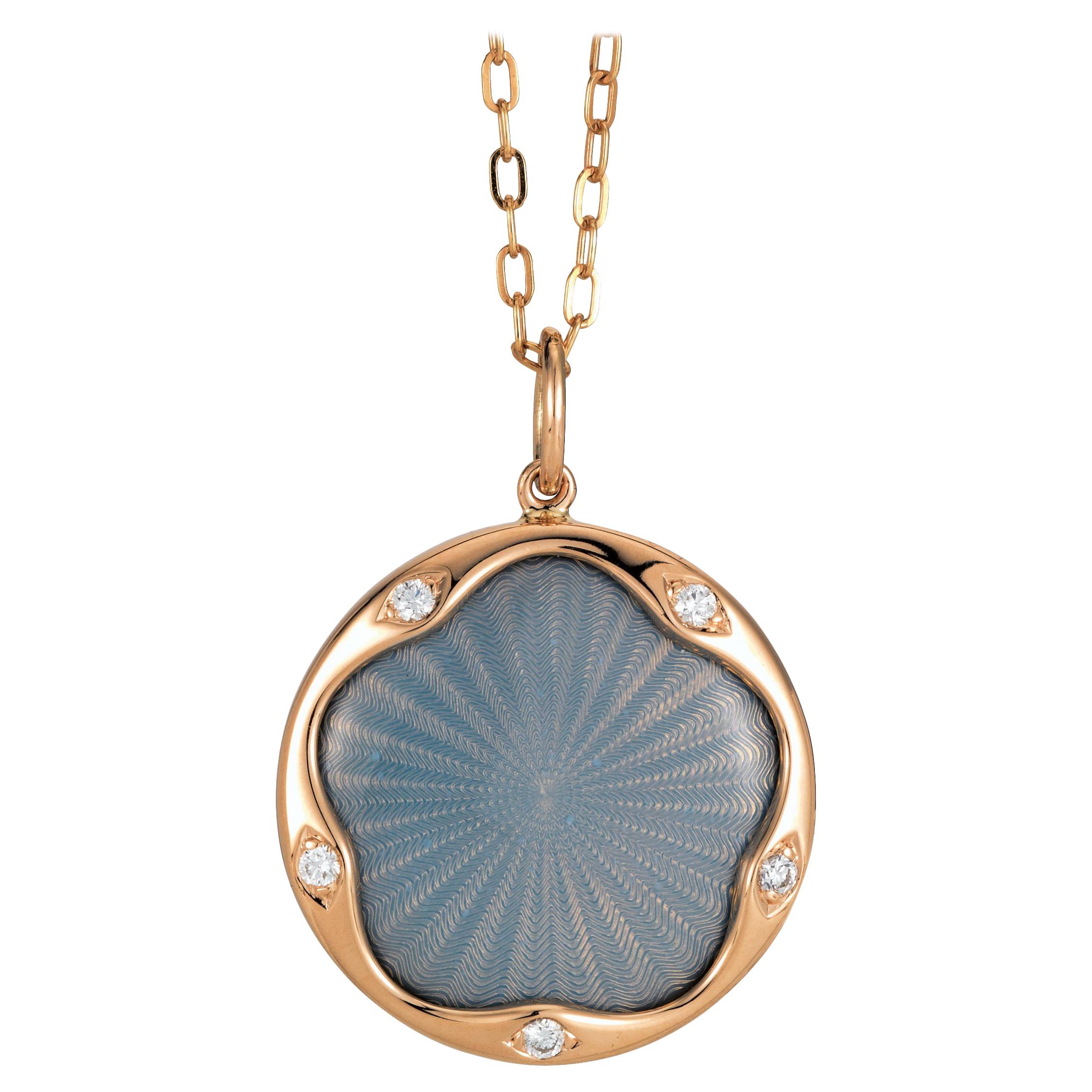 Round Pendant Necklace 18k Rose Gold Turquoise Enamel Guilloche 5 Diamond 0.07ct For Sale