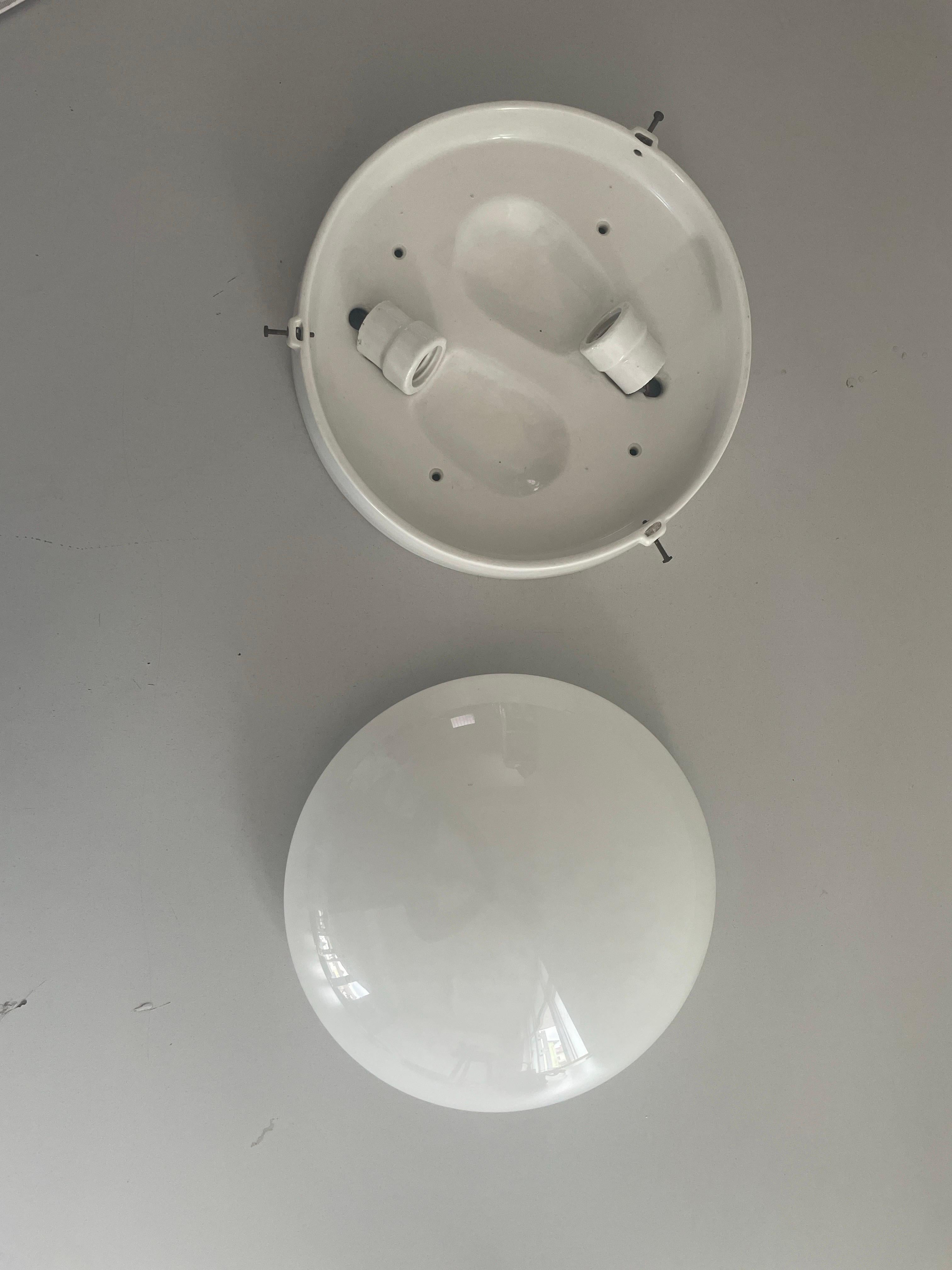 Round Opaline Glass and White Porcelain Single Bathroom Flush Mount Light, 1950s For Sale 8