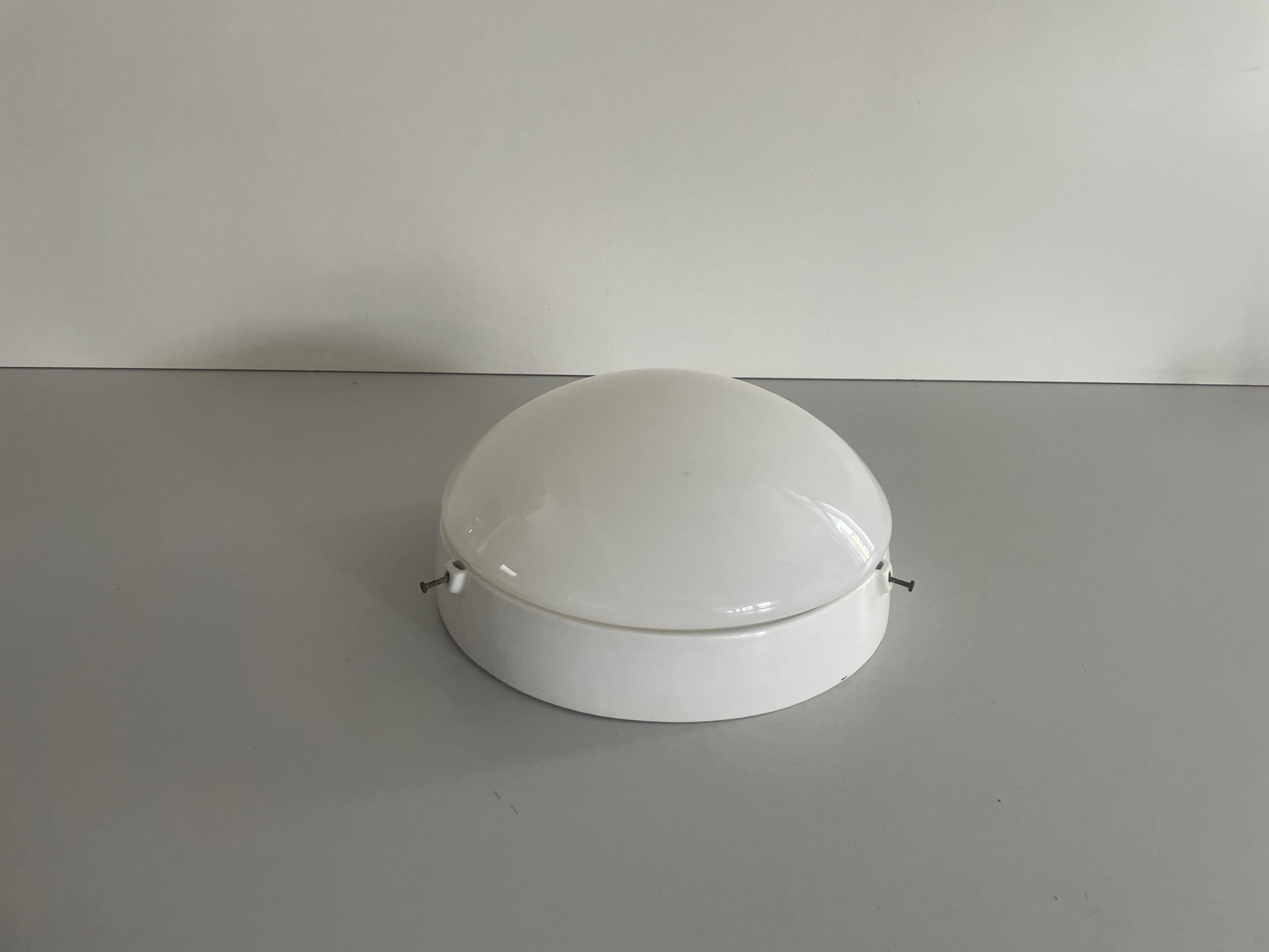 Mid-Century Modern Round Opaline Glass and White Porcelain Single Bathroom Flush Mount Light, 1950s For Sale