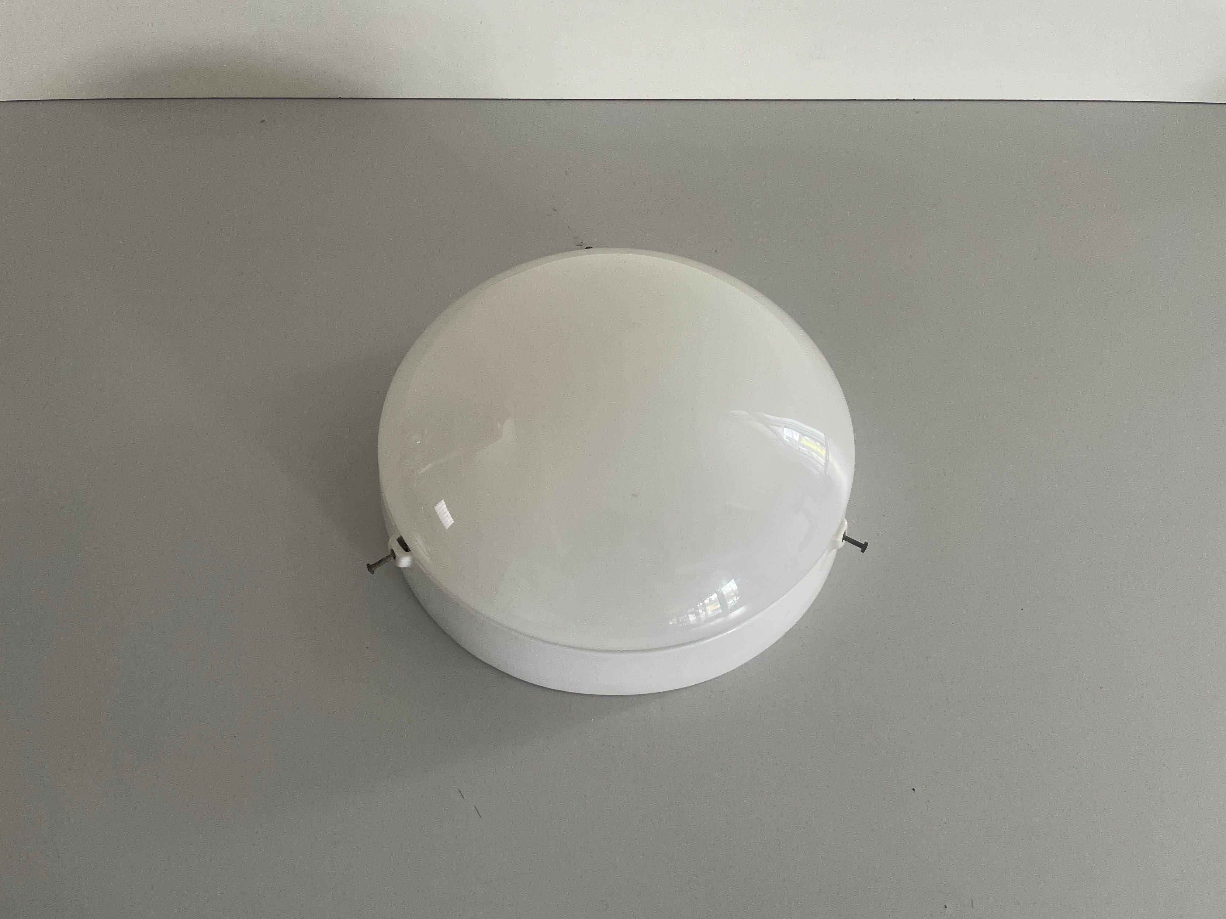 Italian Round Opaline Glass and White Porcelain Single Bathroom Flush Mount Light, 1950s For Sale