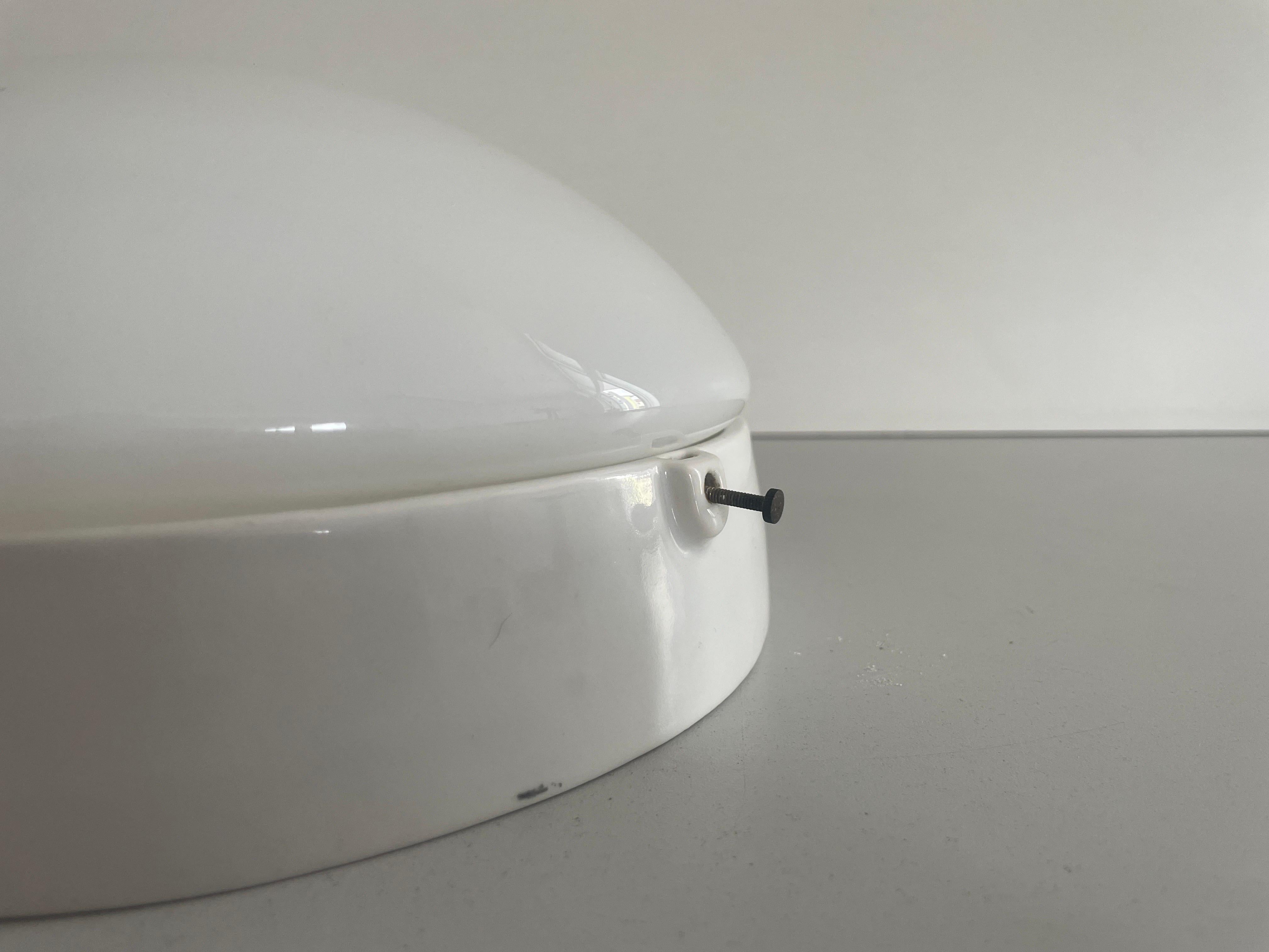 Round Opaline Glass and White Porcelain Single Bathroom Flush Mount Light, 1950s In Excellent Condition For Sale In Hagenbach, DE