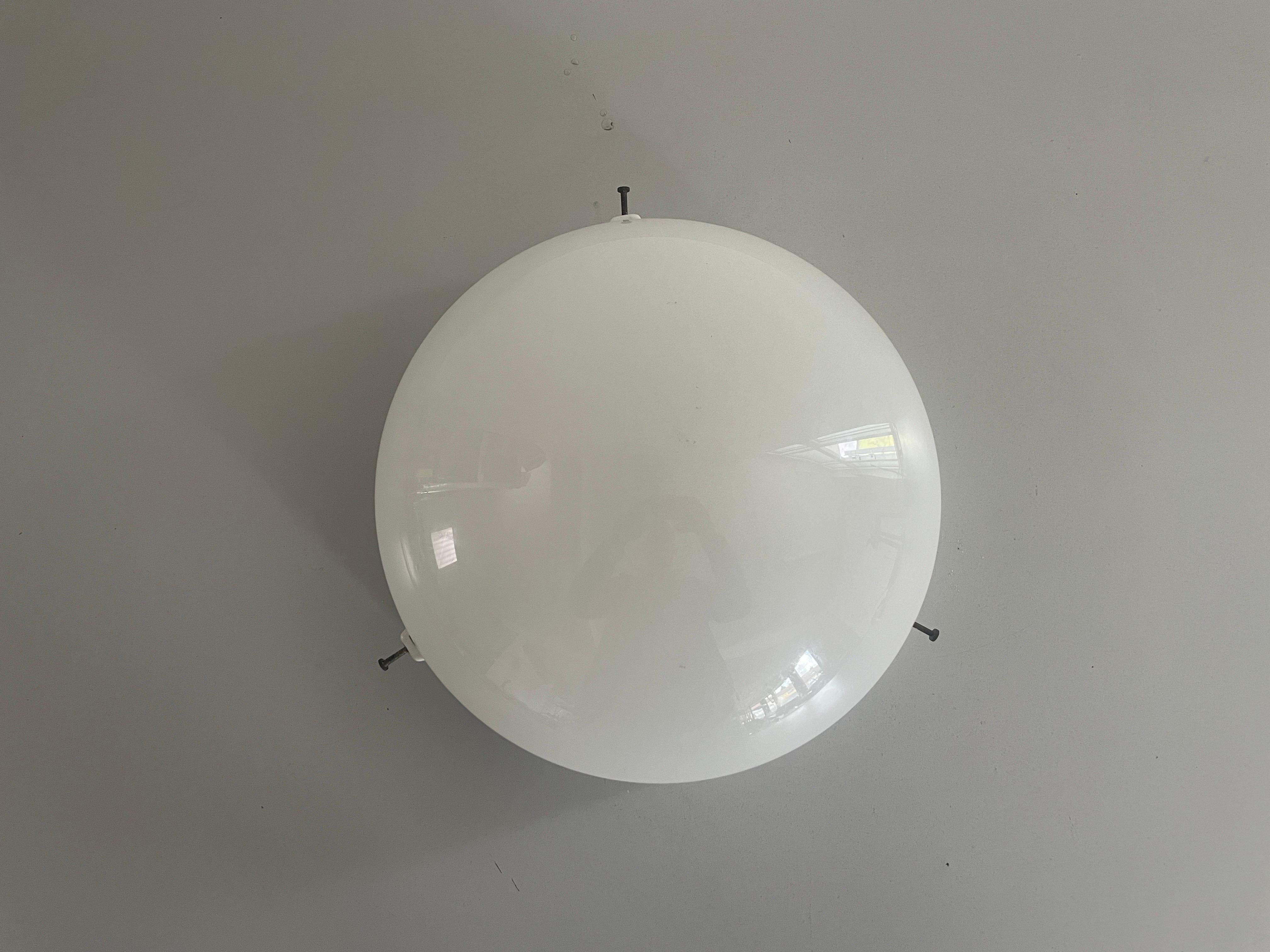 Mid-20th Century Round Opaline Glass and White Porcelain Single Bathroom Flush Mount Light, 1950s For Sale
