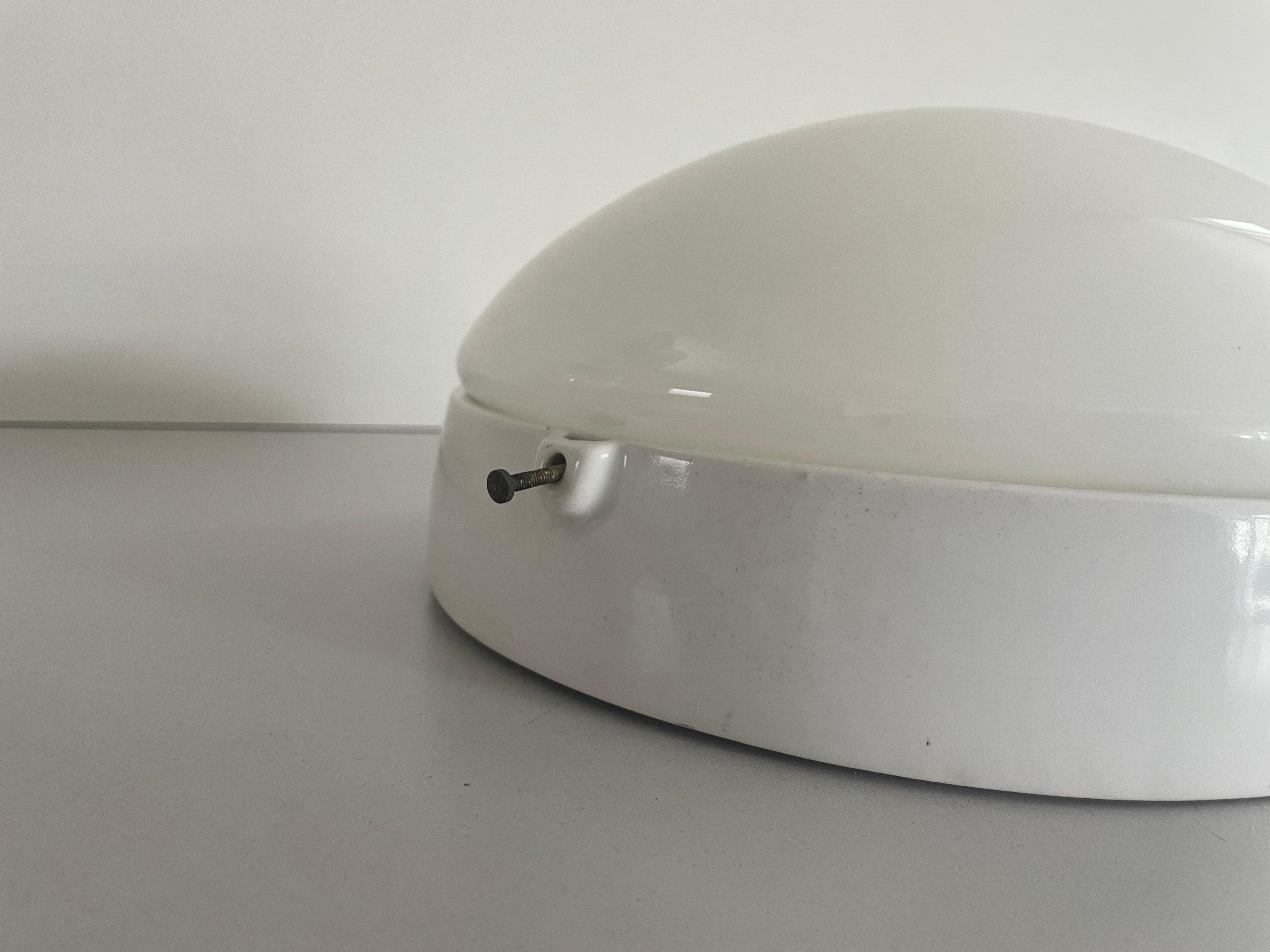 Round Opaline Glass and White Porcelain Single Bathroom Flush Mount Light, 1950s For Sale 1