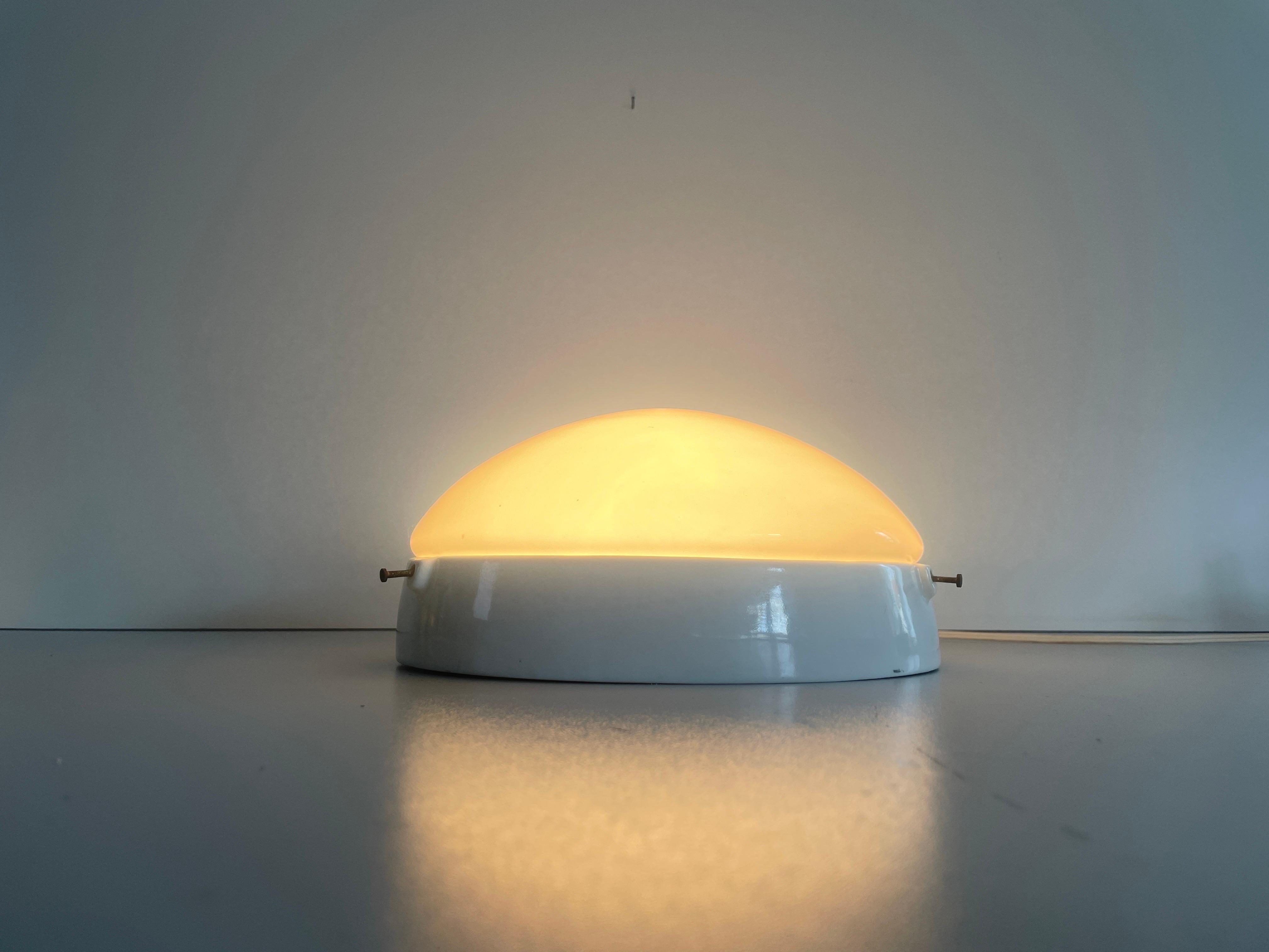 Round Opaline Glass and White Porcelain Single Bathroom Flush Mount Light, 1950s For Sale 2