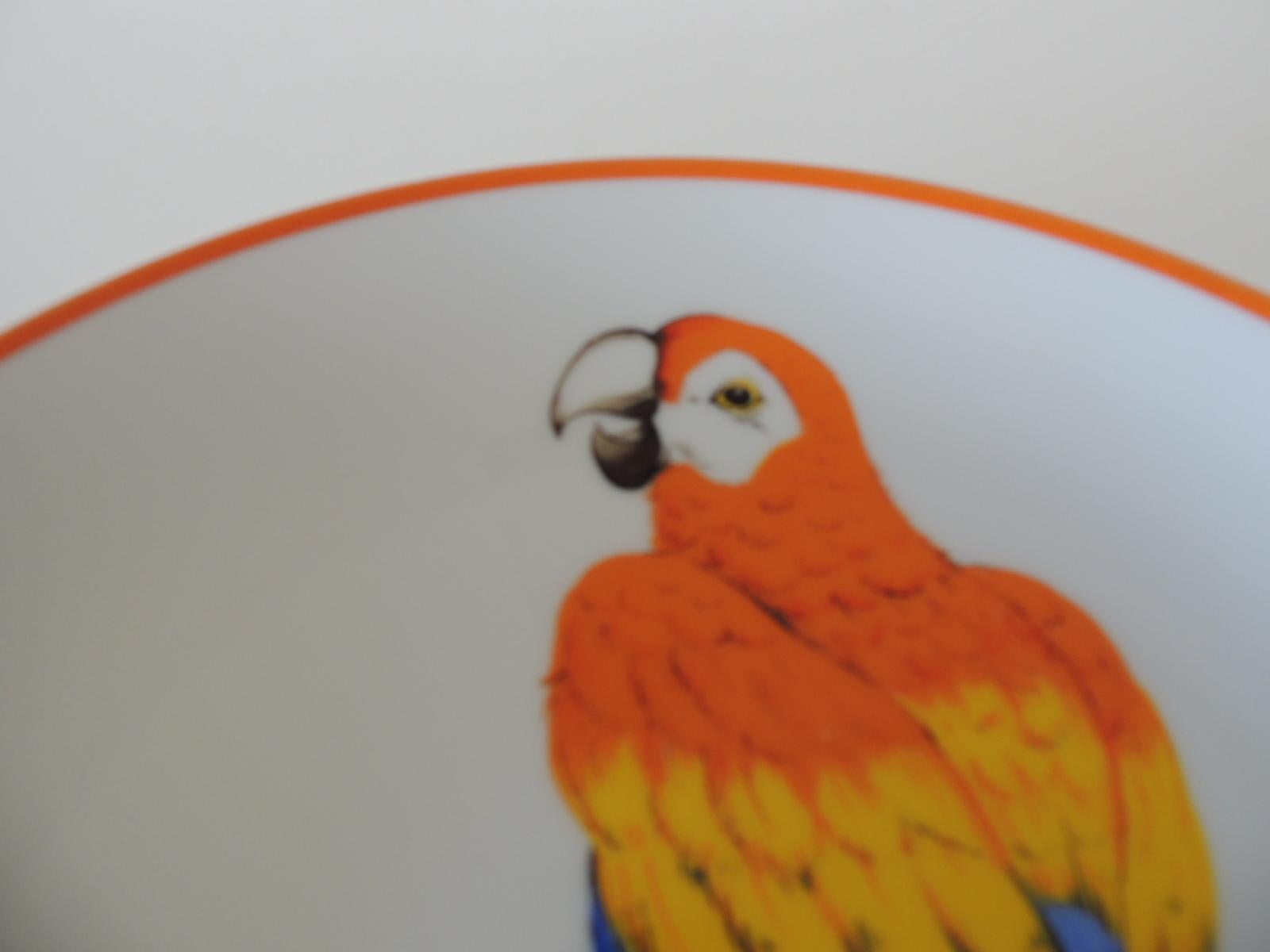 Round orange and blue macaw parrot decorative plate
Macaw on branch in shades of orange, yellow and blue.
Size: 8.5