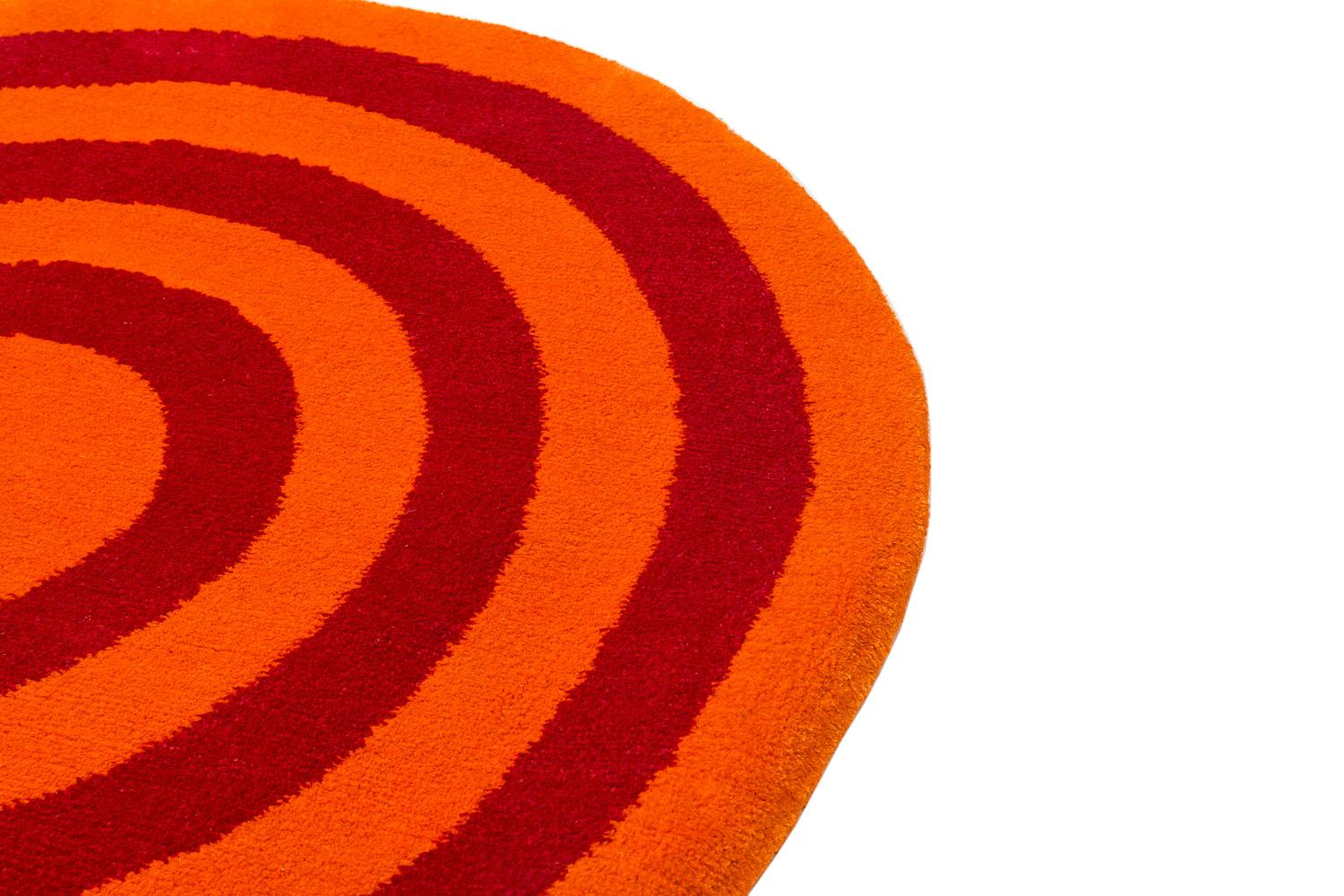 Nepalese Round Orange and Red Rings Silk and Wool Accessory Rug Bullseye by Joseph Carini For Sale