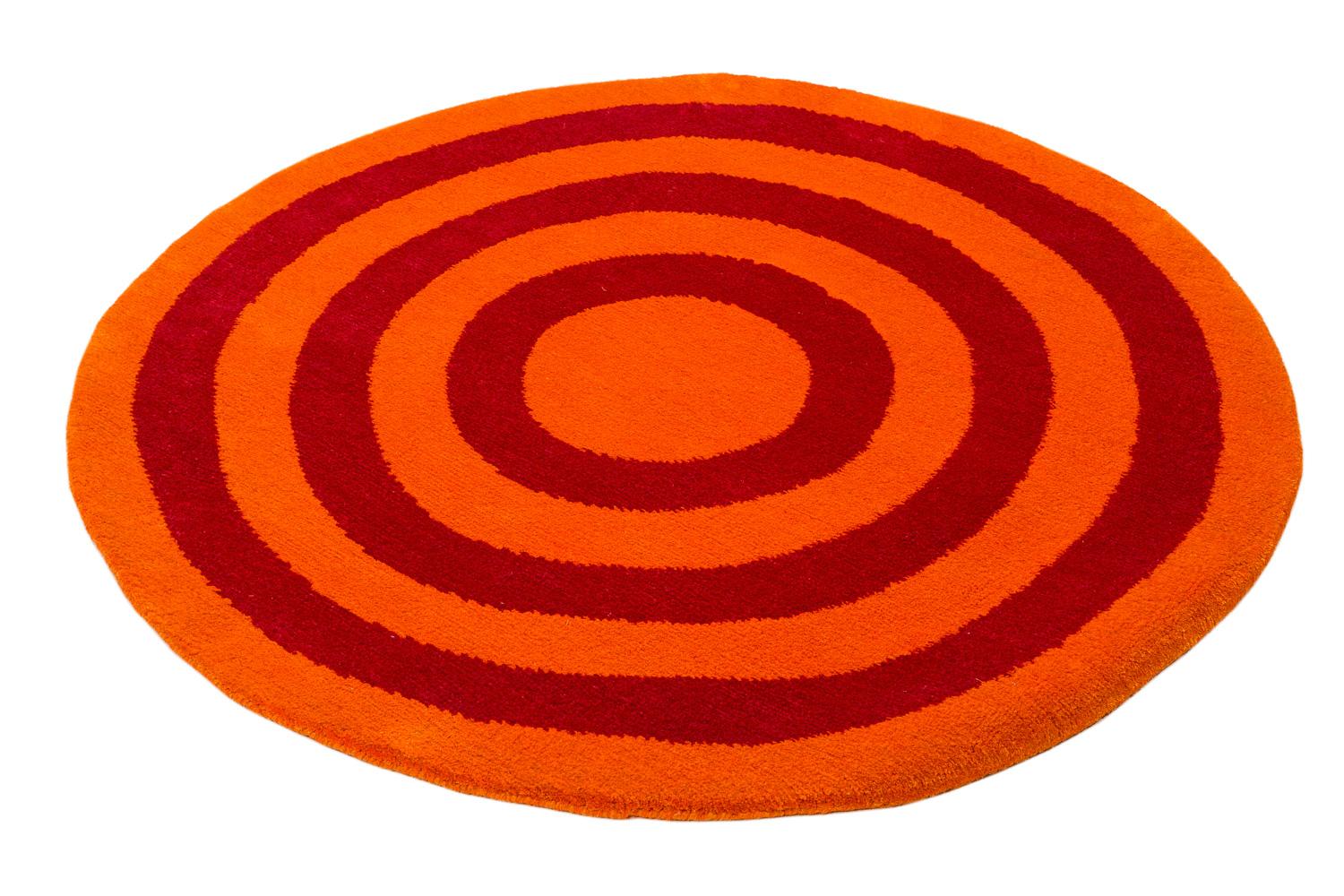 Hand-Knotted Round Orange and Red Rings Silk and Wool Accessory Rug Bullseye by Joseph Carini For Sale