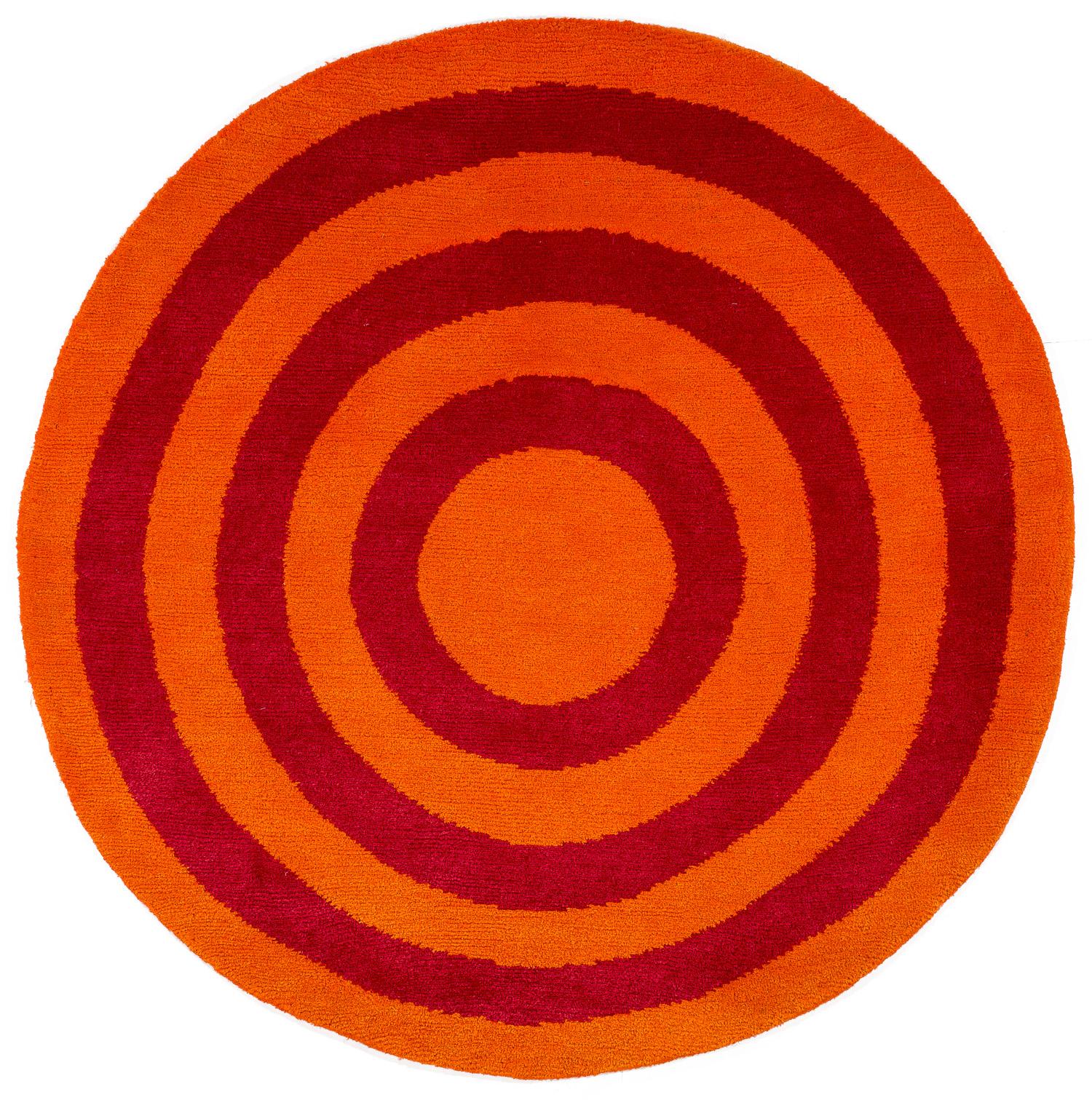 Round Orange and Red Rings Silk and Wool Accessory Rug Bullseye by Joseph Carini