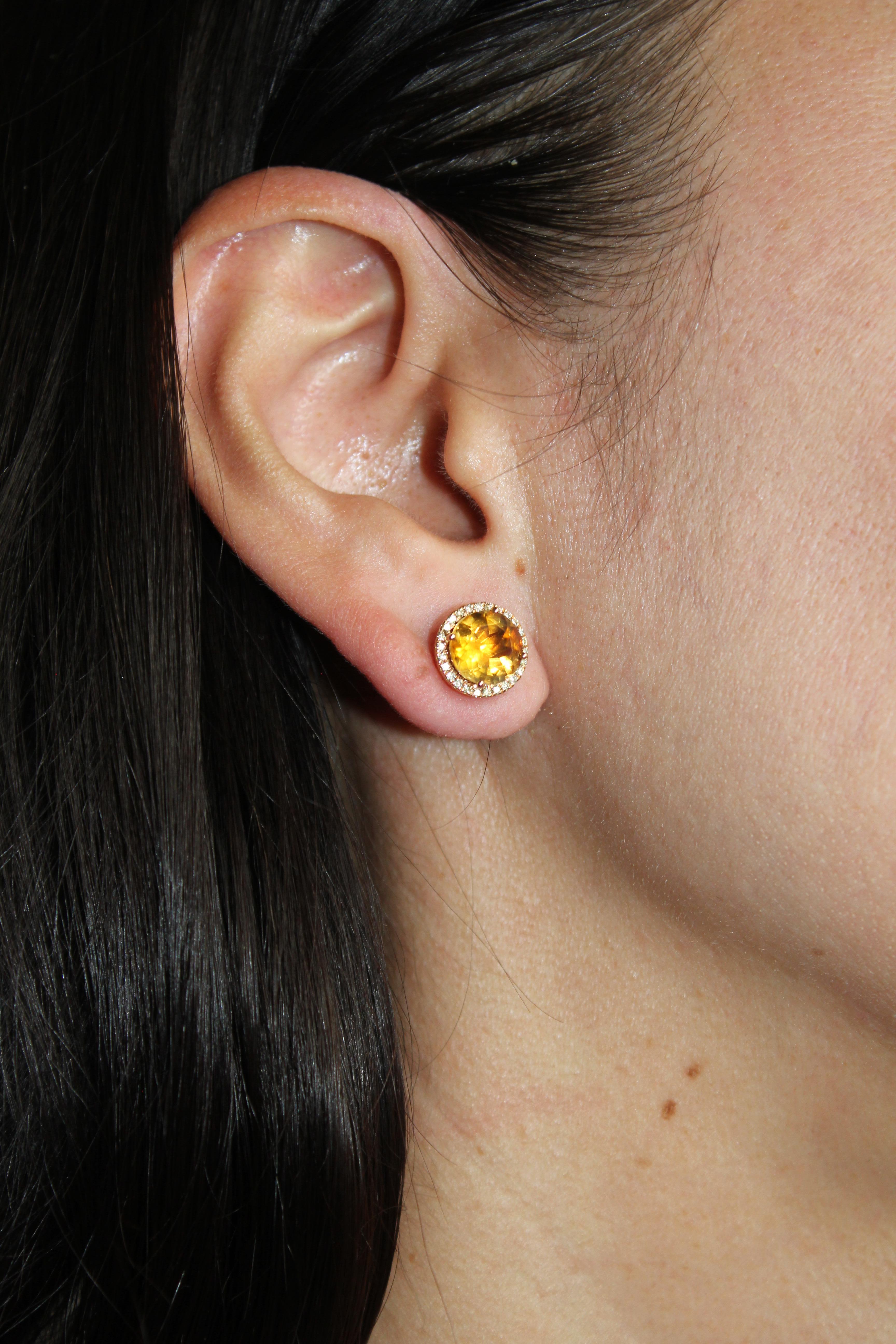 Round Orange Citrine Diamond Halo Statement 18 Karat Rose Gold Stud Earrings For Sale 3