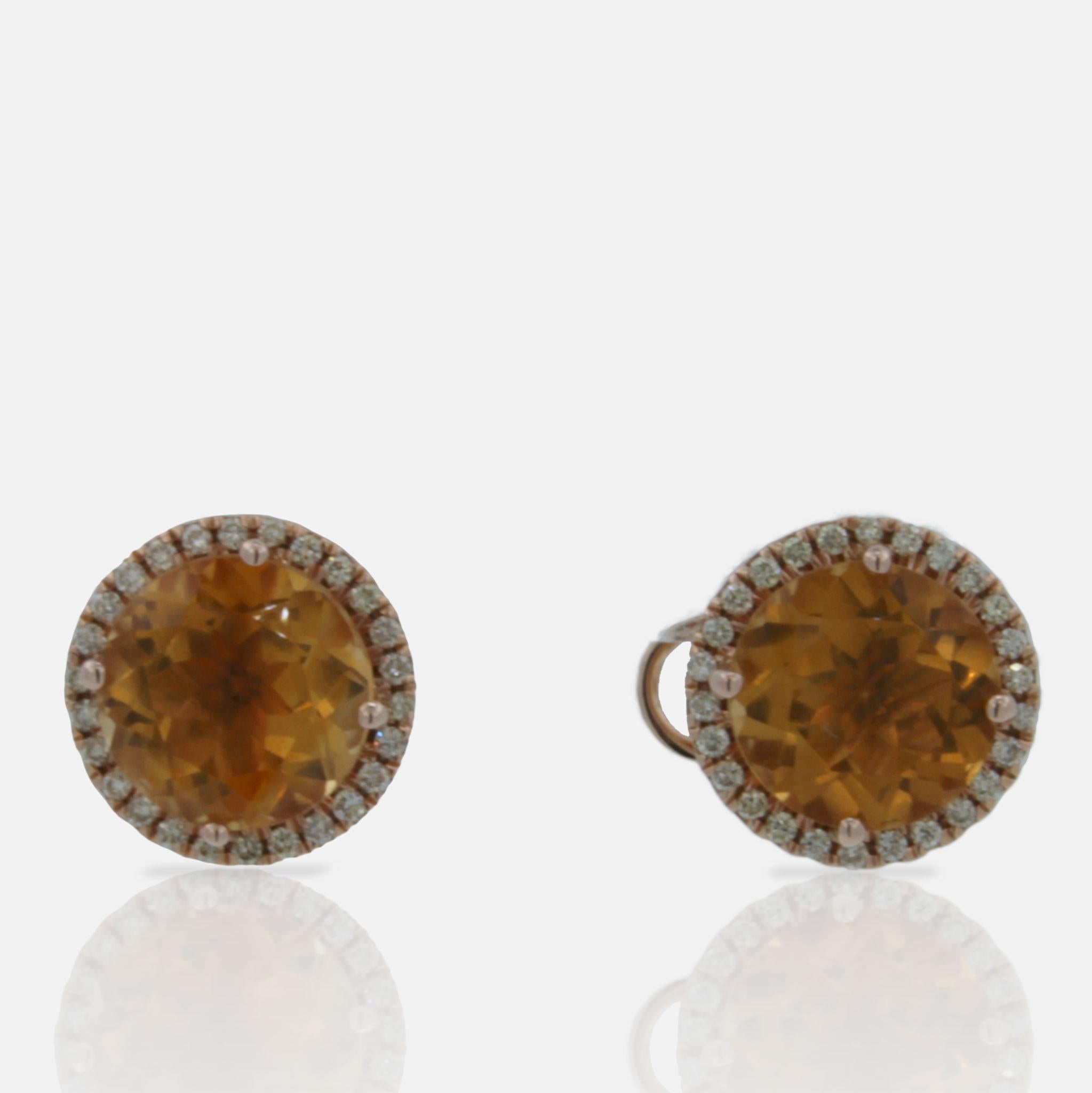 Modern Round Orange Citrine Diamond Halo Statement 18 Karat Rose Gold Stud Earrings For Sale