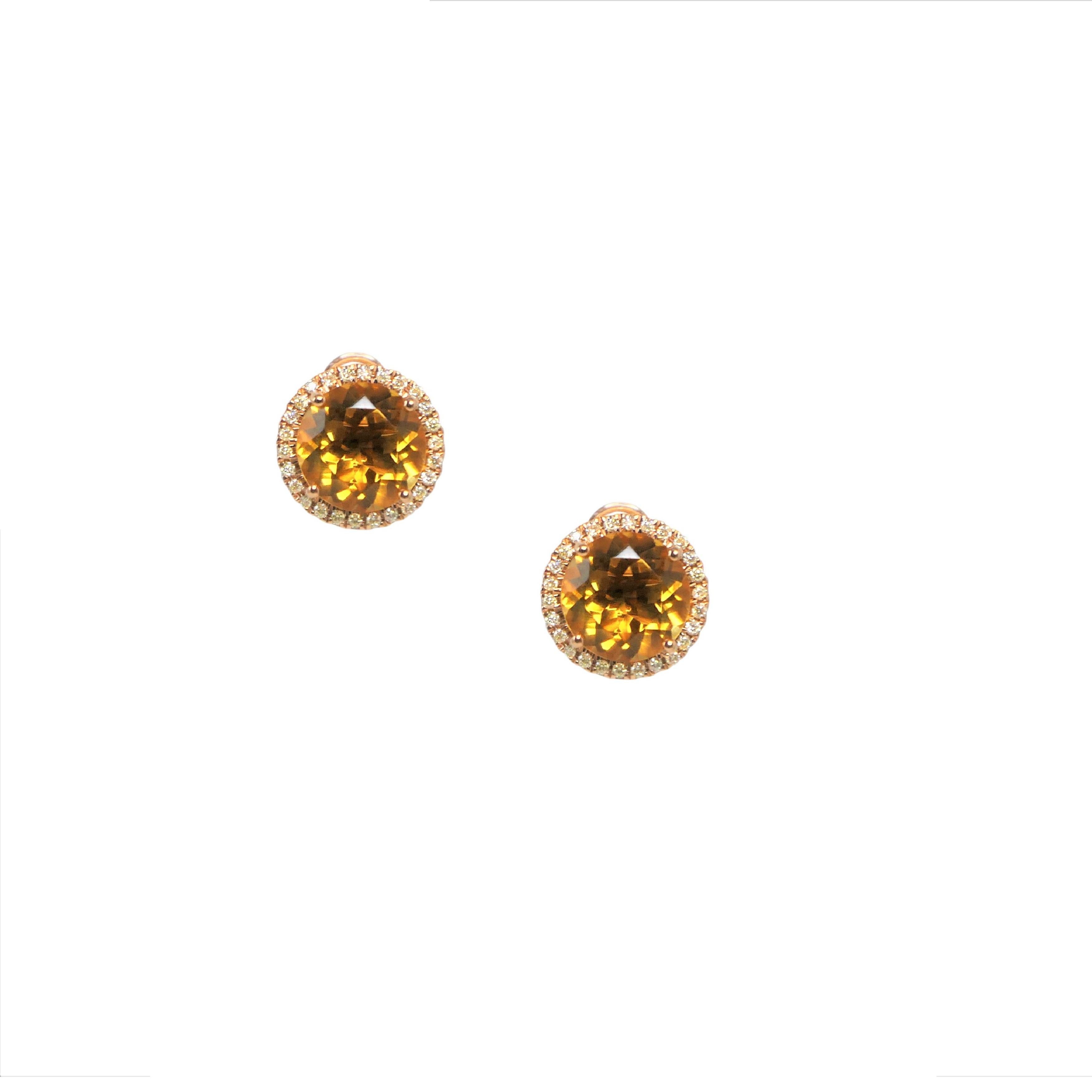 Round Cut Round Orange Citrine Diamond Halo Statement 18 Karat Rose Gold Stud Earrings For Sale