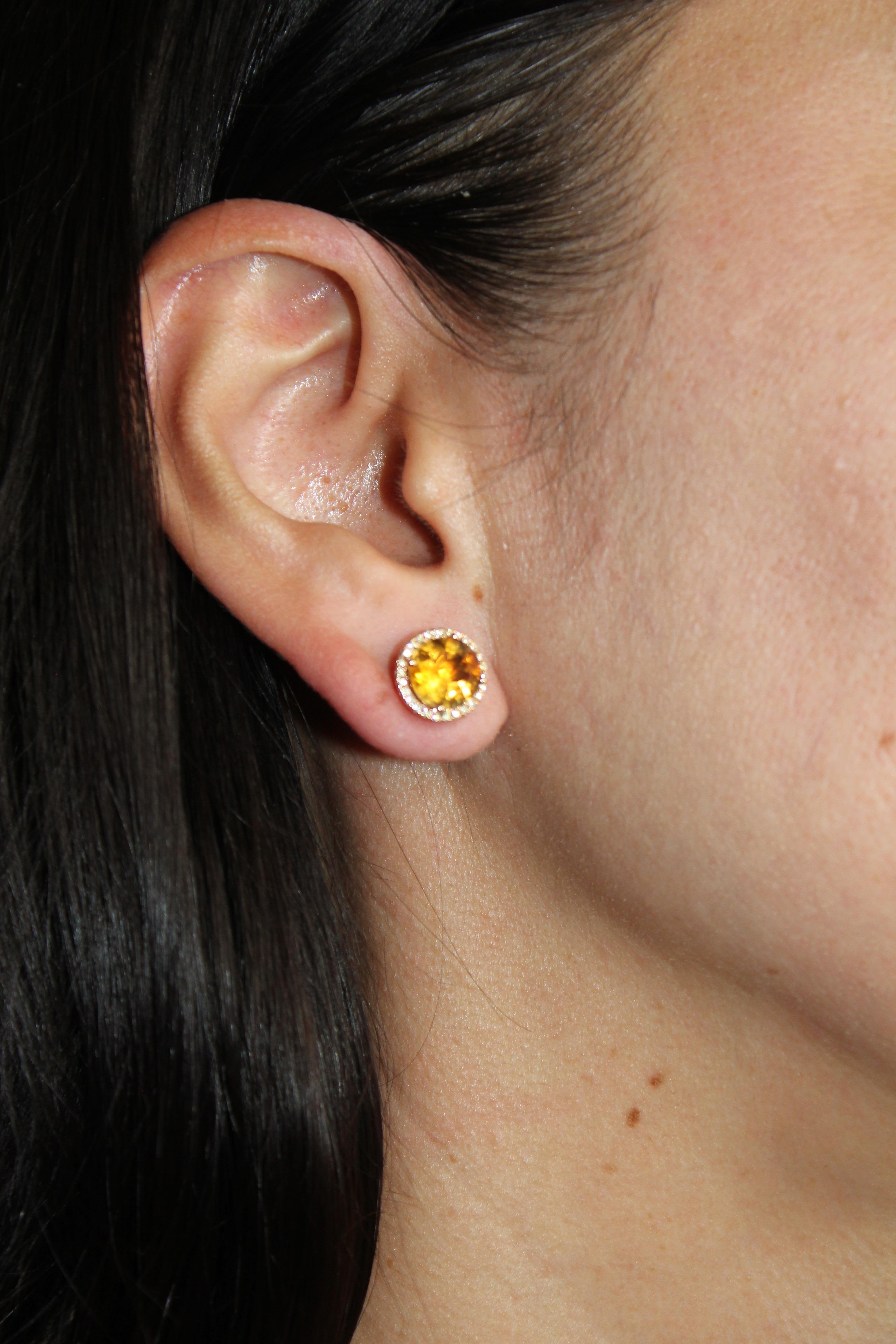 Round Orange Citrine Diamond Halo Statement 18 Karat Rose Gold Stud Earrings For Sale 2
