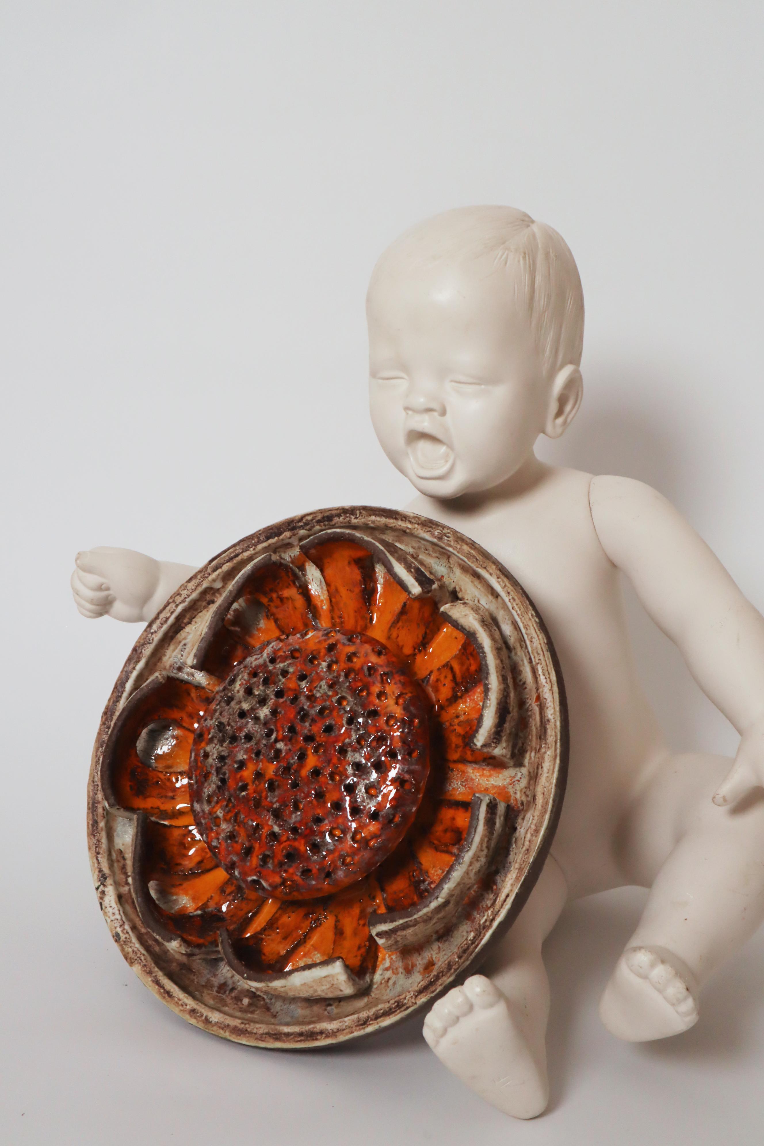Round Orange Flower Sun Pottery Wall Lamp , Denmark. 1960s For Sale 8