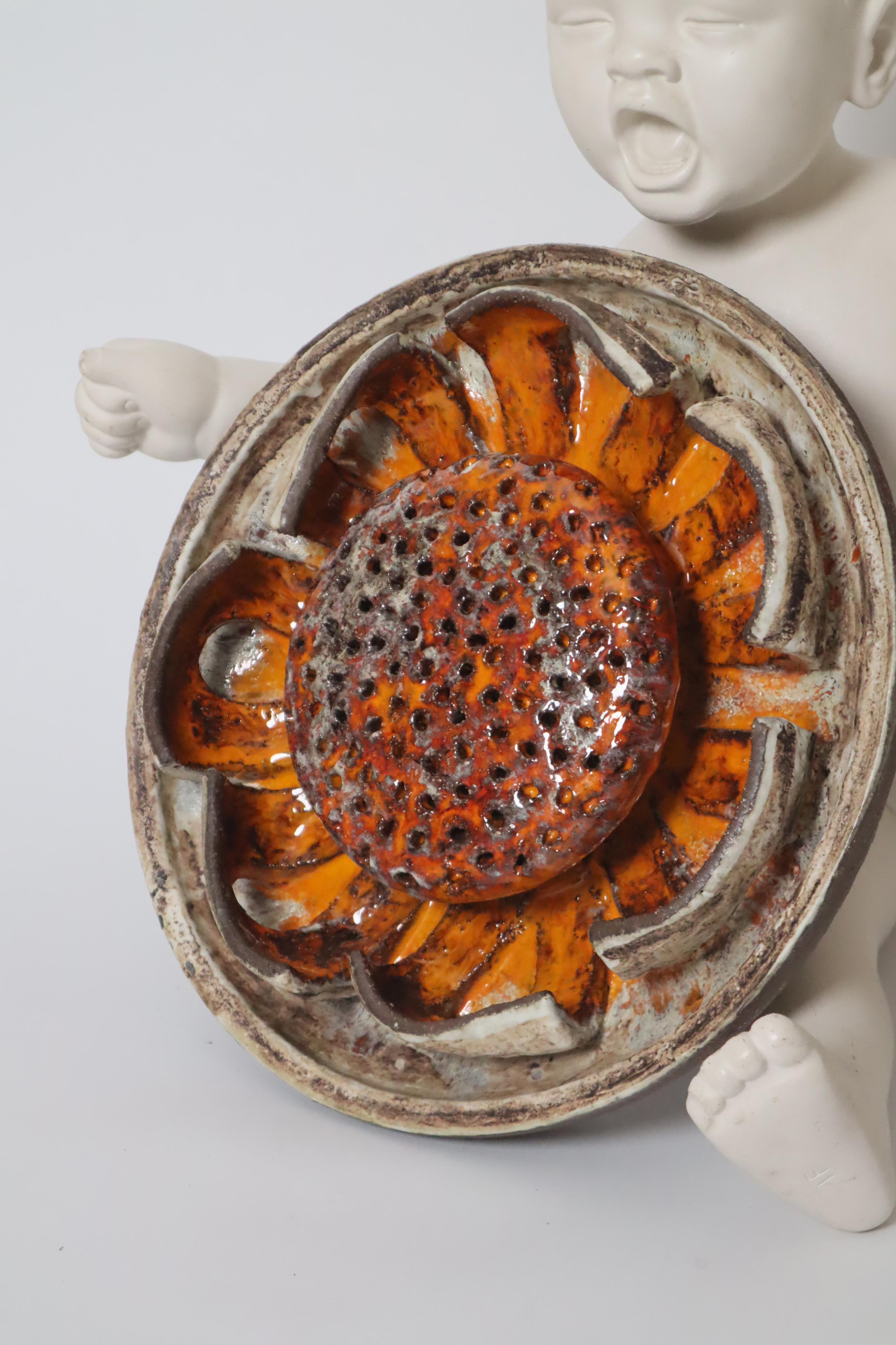 Round Orange Flower Sun Pottery Wall Lamp , Denmark. 1960s For Sale 9
