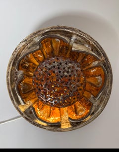 Round Orange Flower Sun Pottery Wall Lamp , Denmark. 1960s