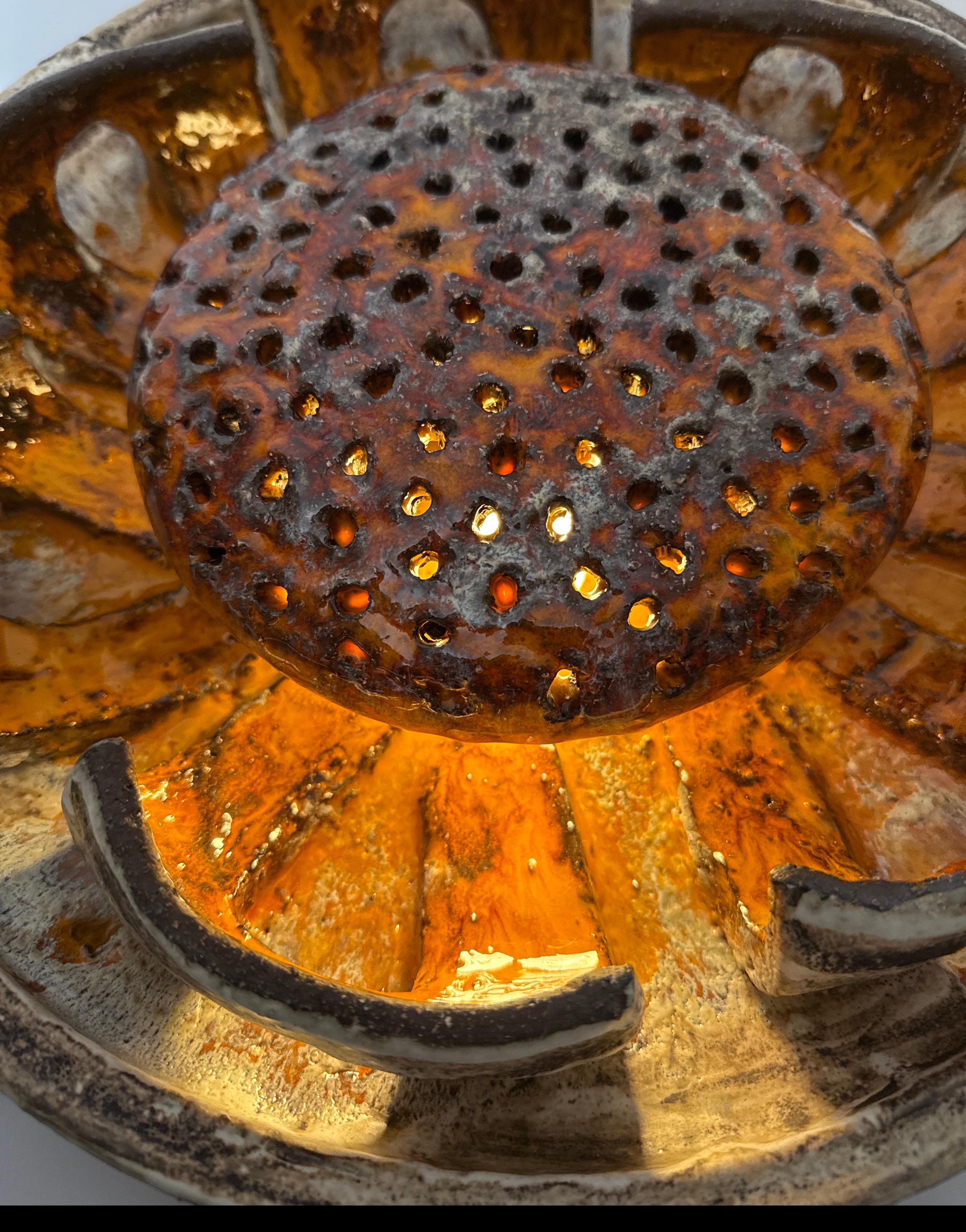 Scandinavian Modern Round Orange Flower Sun Pottery Wall Lamp , Denmark. 1960s For Sale