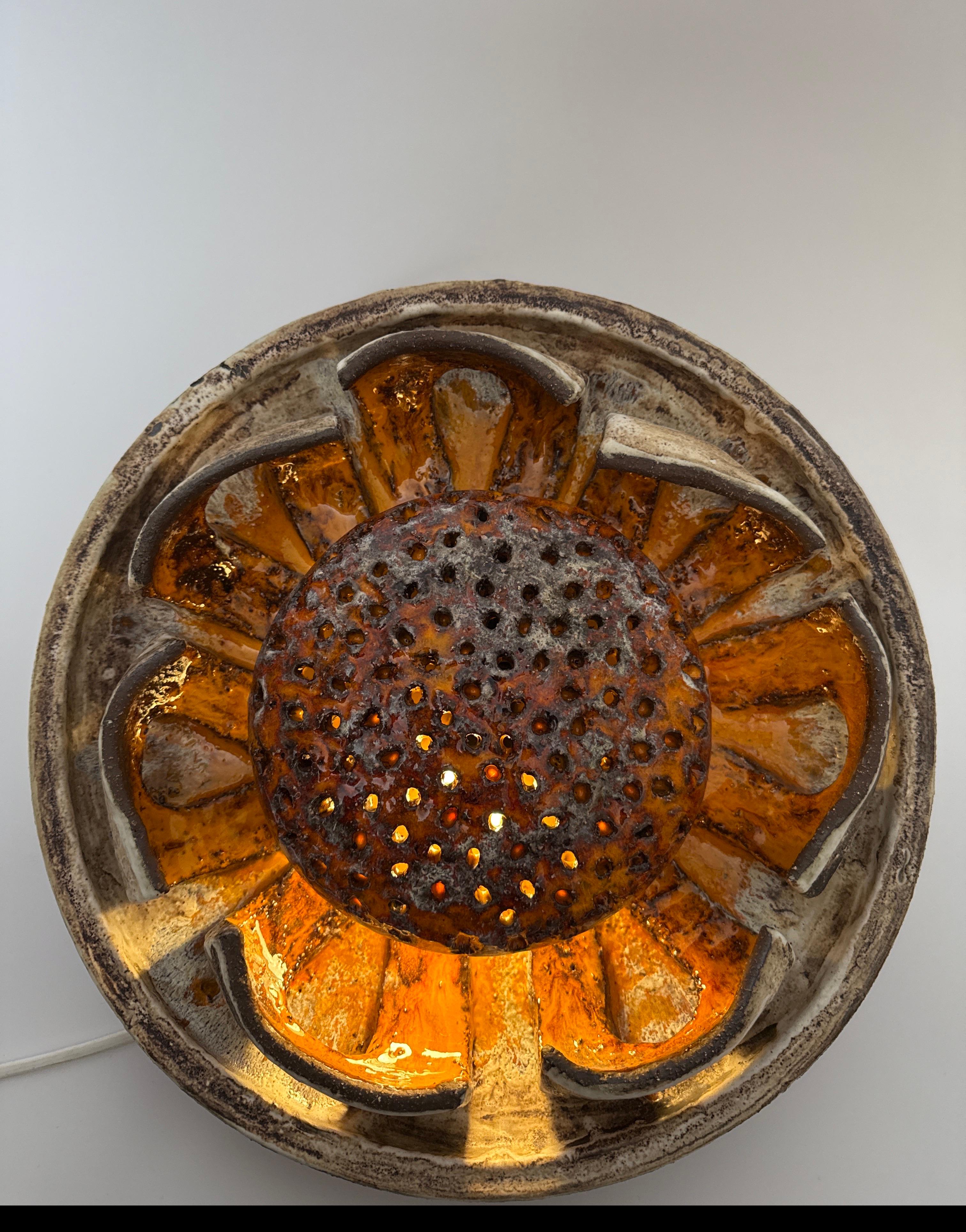 Hand-Painted Round Orange Flower Sun Pottery Wall Lamp , Denmark. 1960s For Sale
