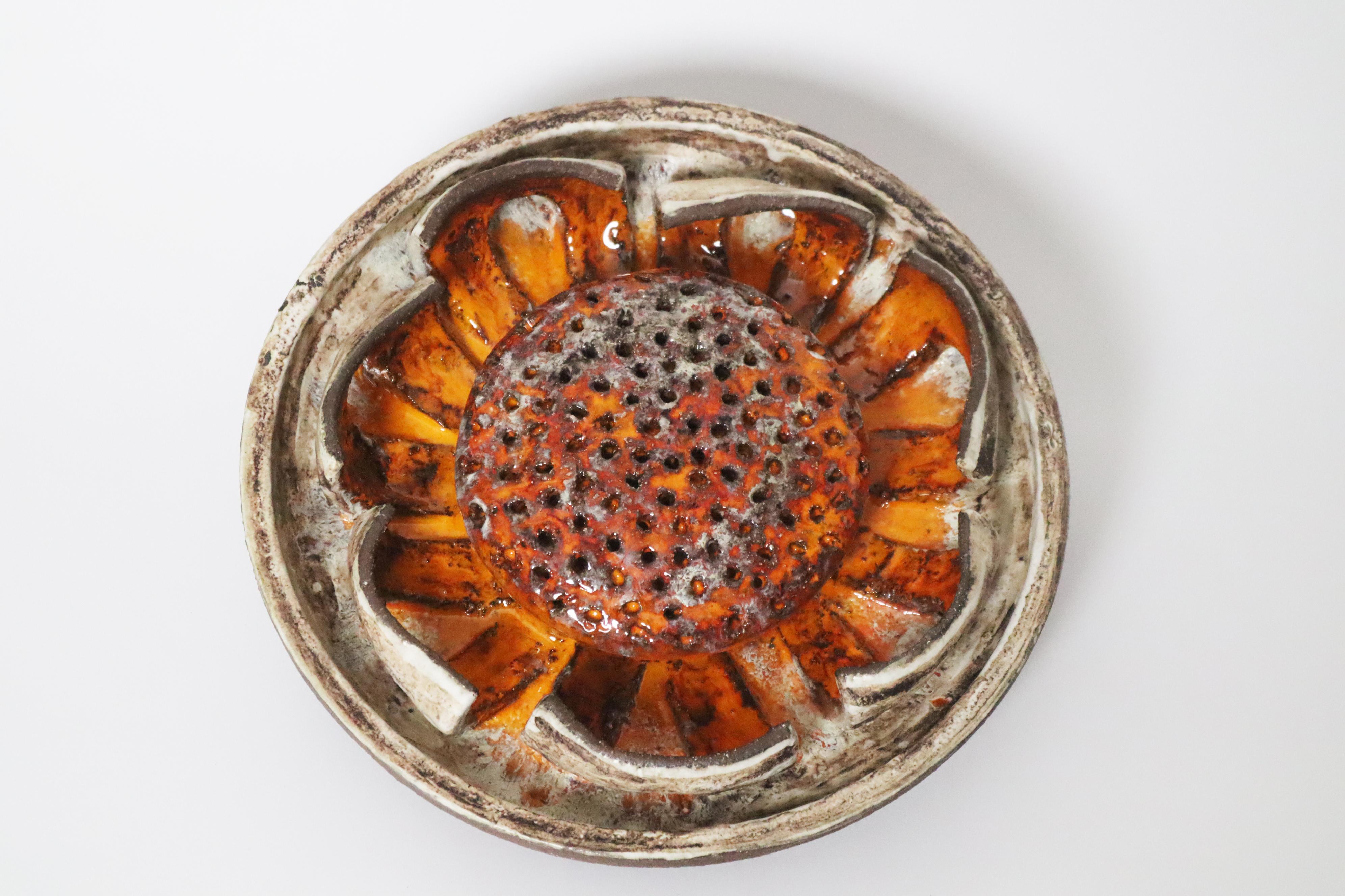 Round Orange Flower Sun Pottery Wall Lamp , Denmark. 1960s For Sale 1