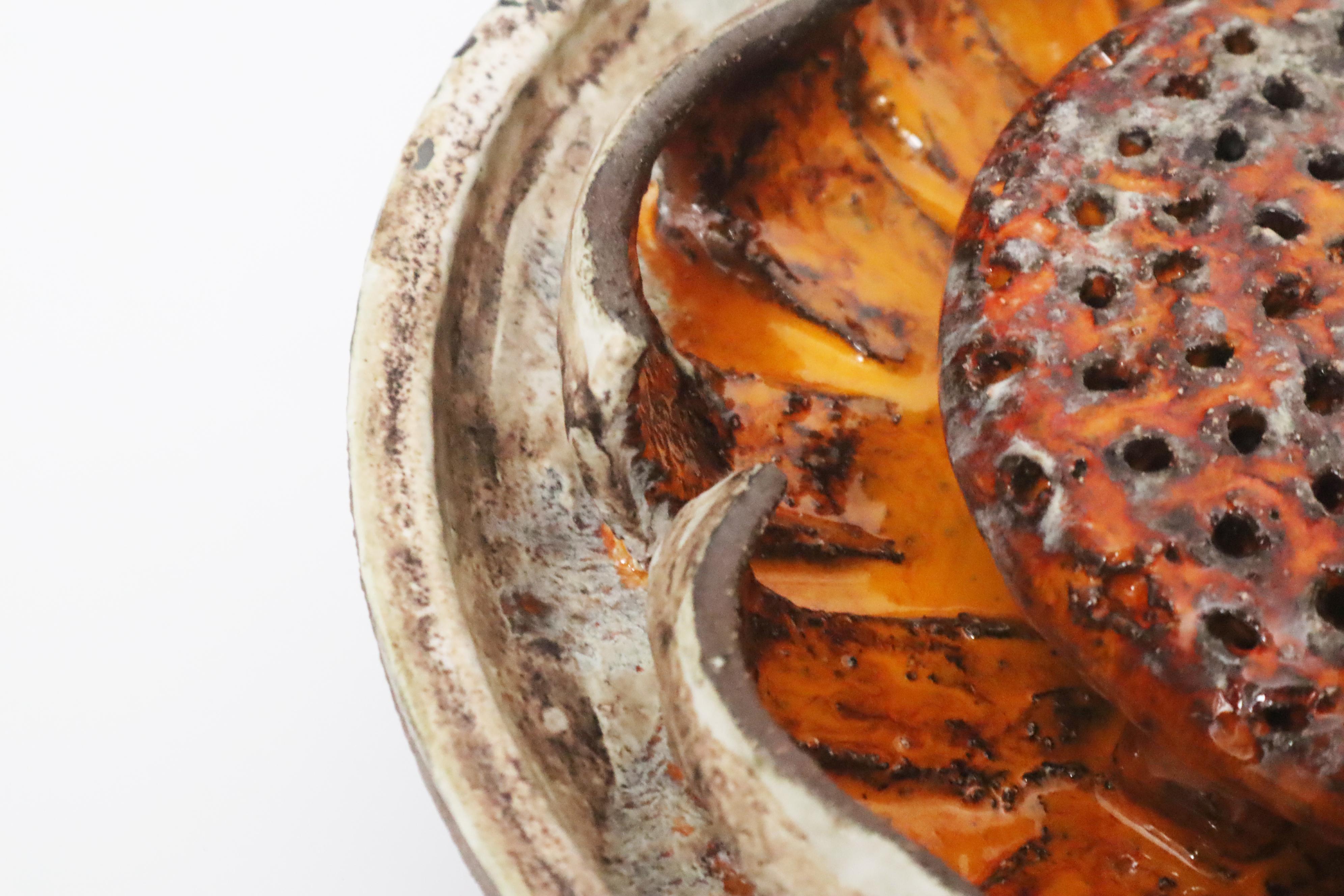 Round Orange Flower Sun Pottery Wall Lamp , Denmark. 1960s For Sale 2