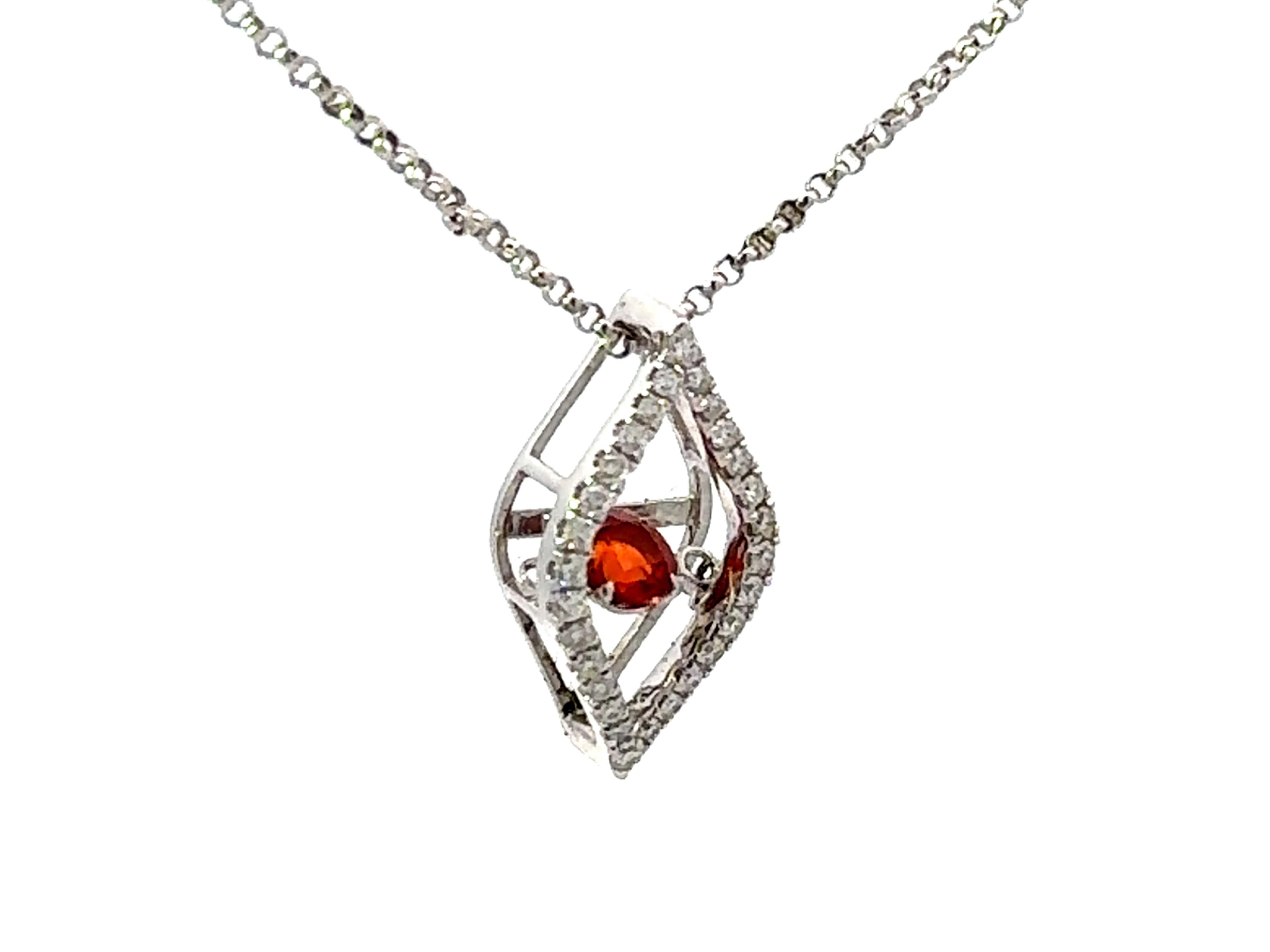 Modern Round Orange Garnet Diamond Halo Flame Necklace 18k White Gold For Sale