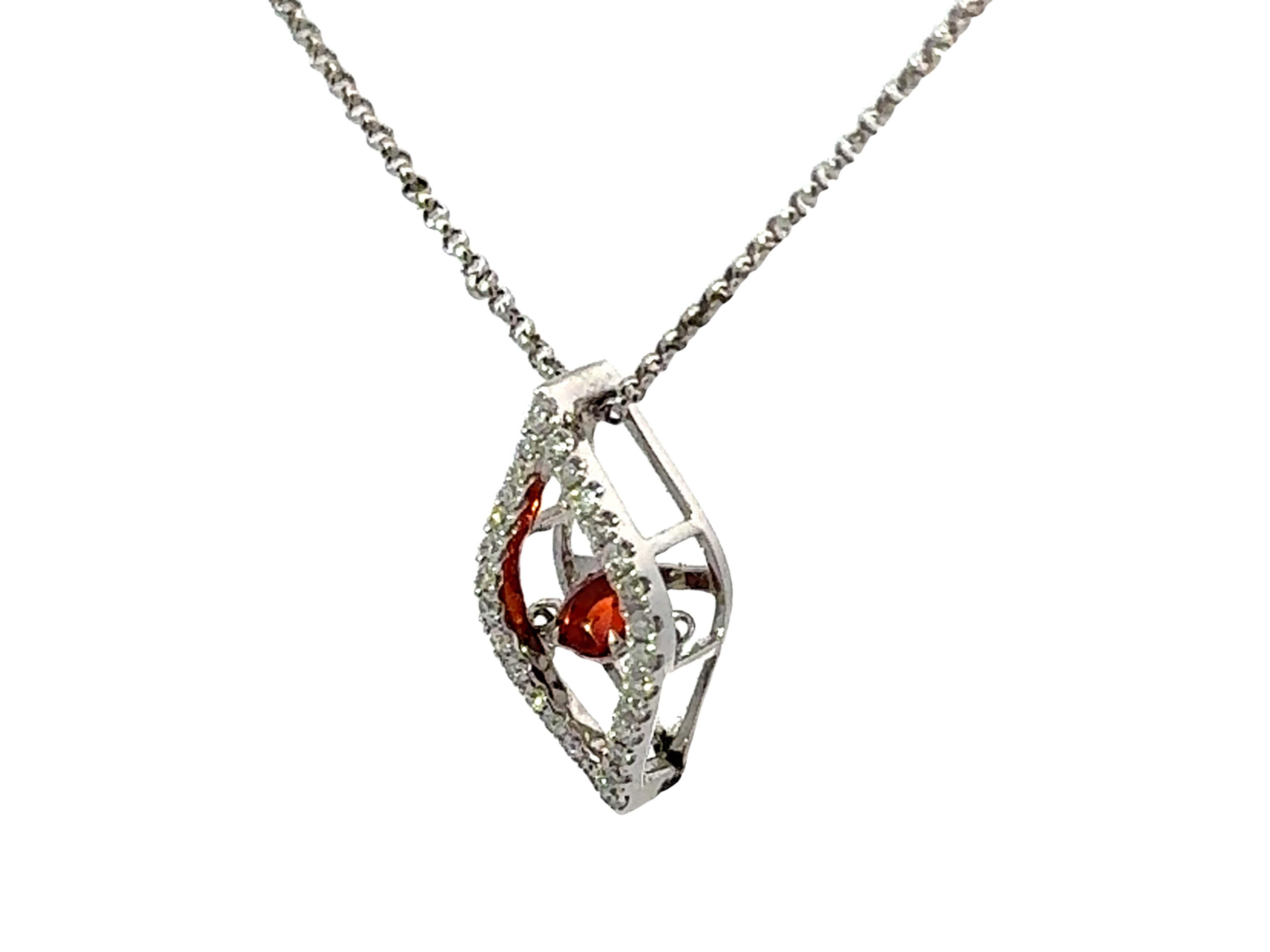 Round Cut Round Orange Garnet Diamond Halo Flame Necklace 18k White Gold For Sale