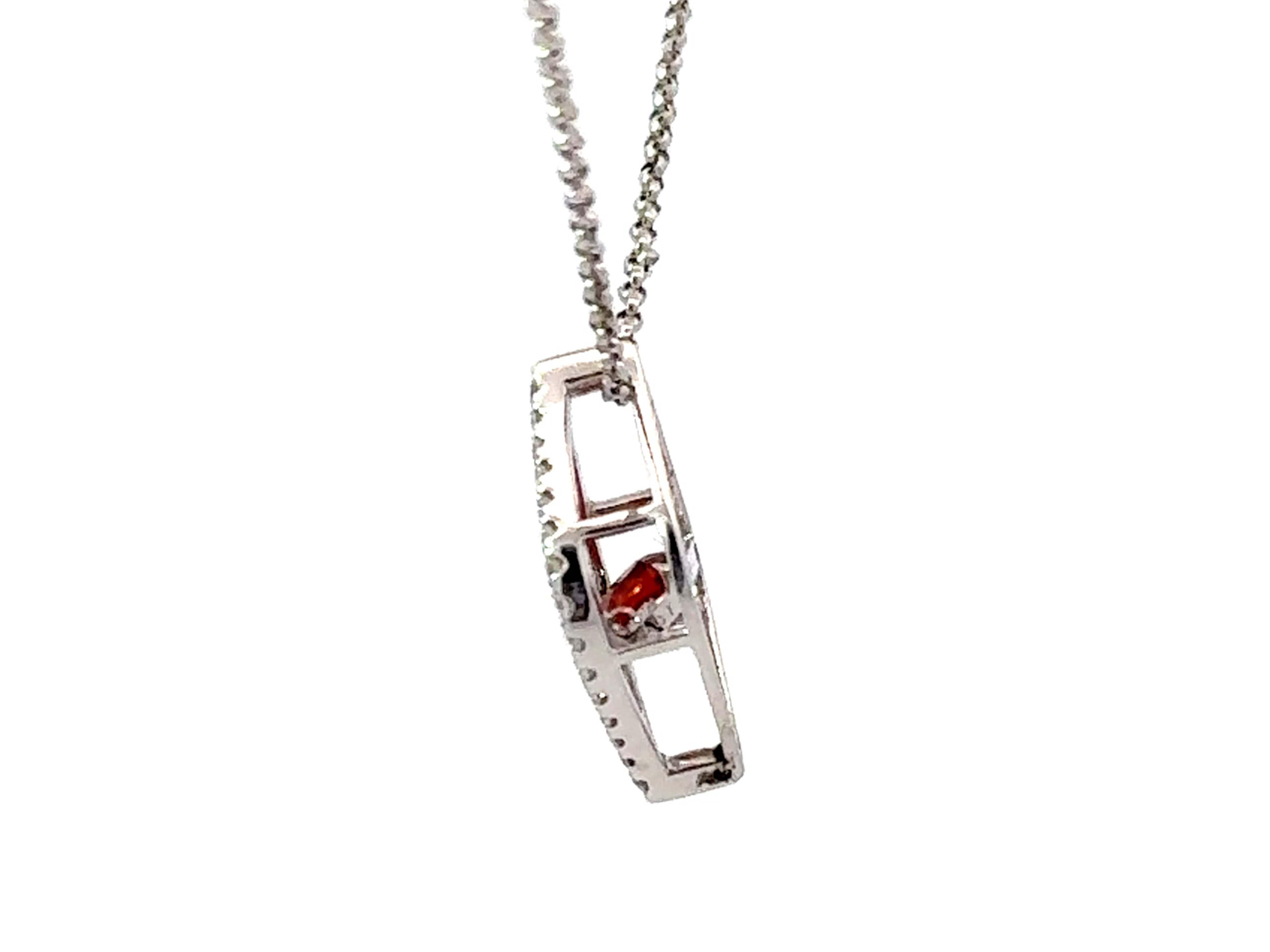 Women's Round Orange Garnet Diamond Halo Flame Necklace 18k White Gold For Sale