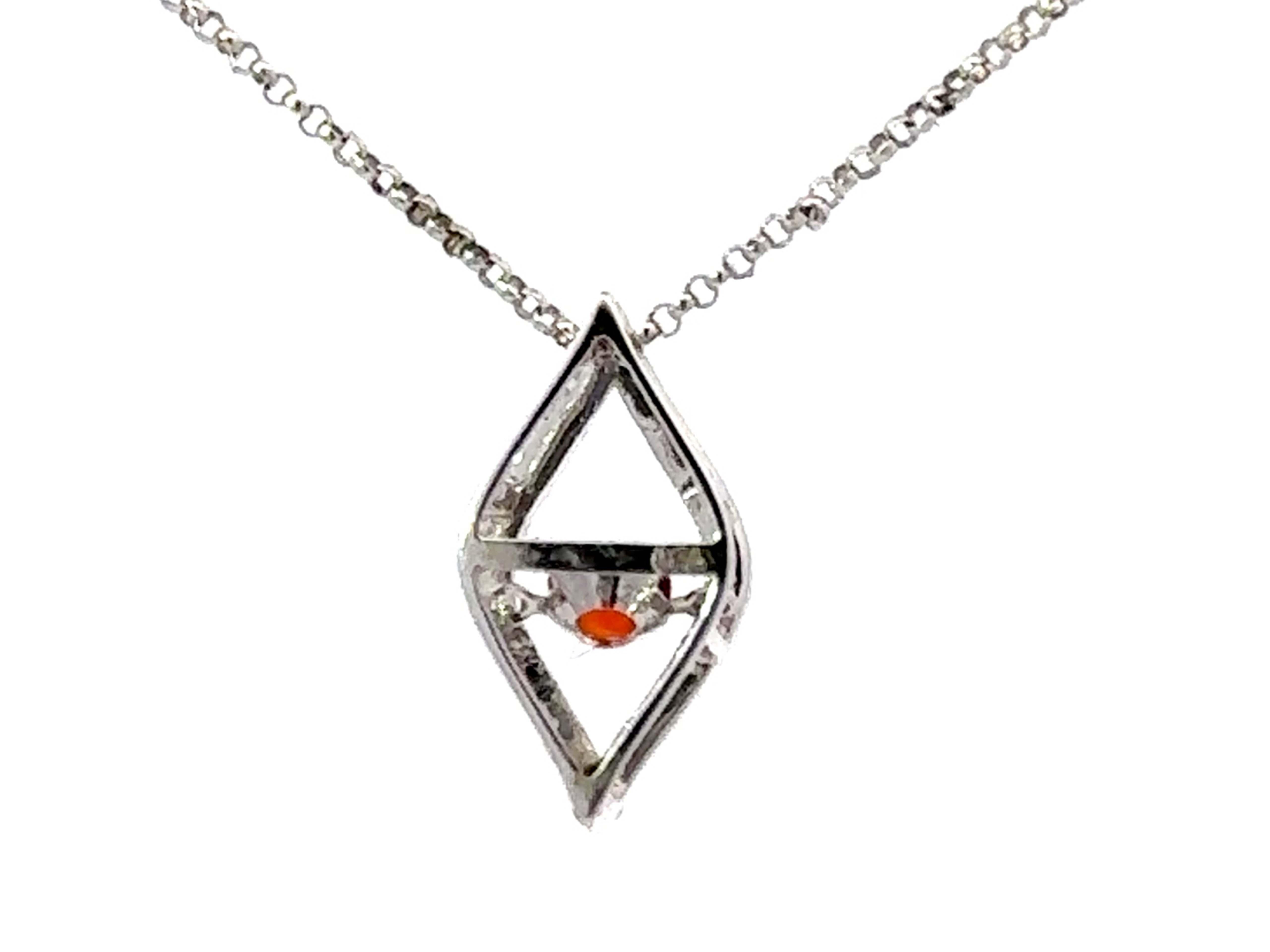 Round Orange Garnet Diamond Halo Flame Necklace 18k White Gold For Sale 1
