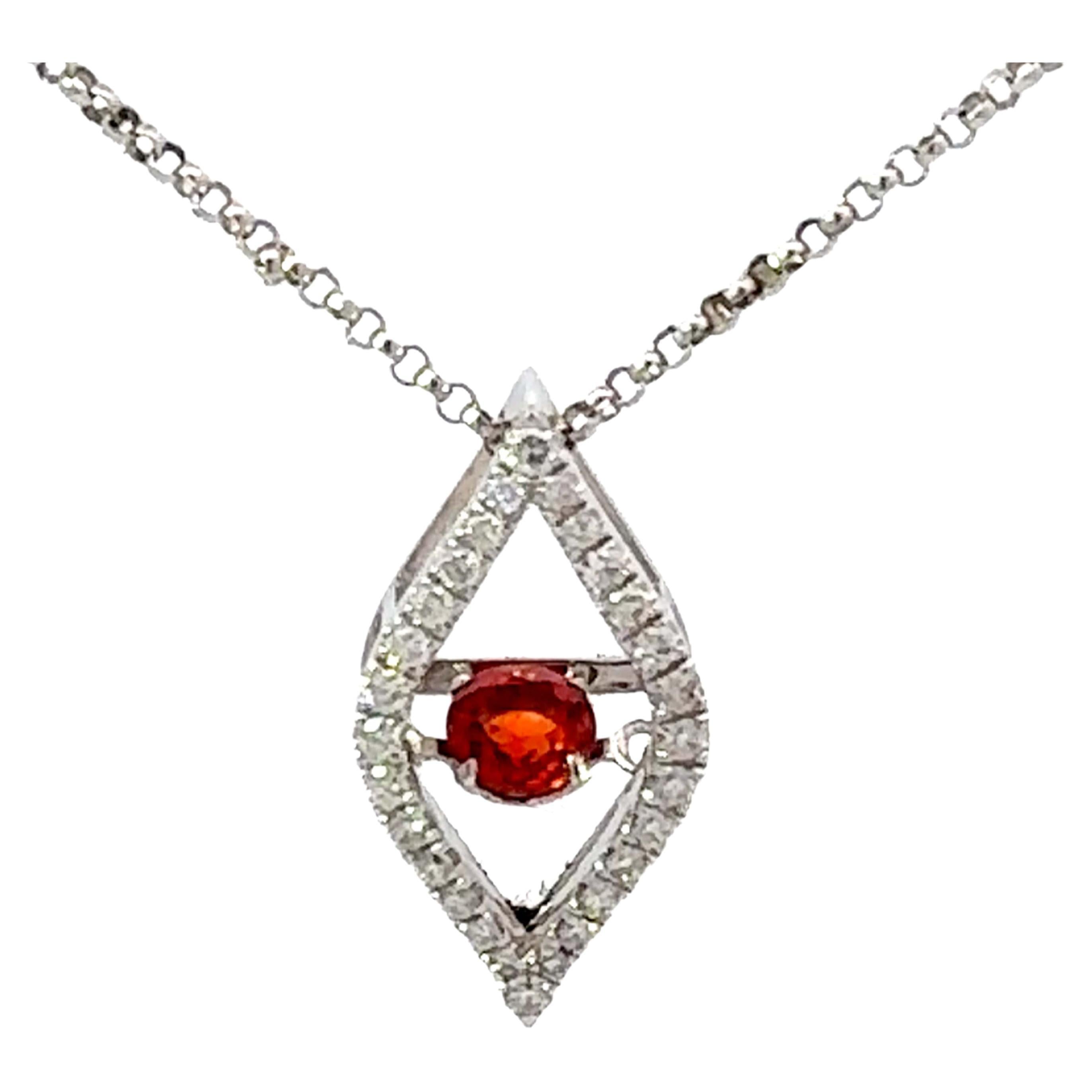 Round Orange Garnet Diamond Halo Flame Necklace 18k White Gold For Sale