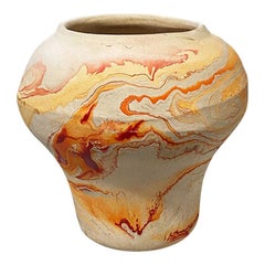Vintage Round Orange Marbled Swirl Clay Nemadji Indian Pottery Vase
