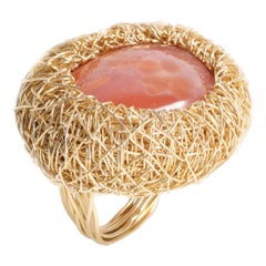 Round Orange Pink Agate Gold Cocktail Statement Ring by Sheila Westera in Stock
