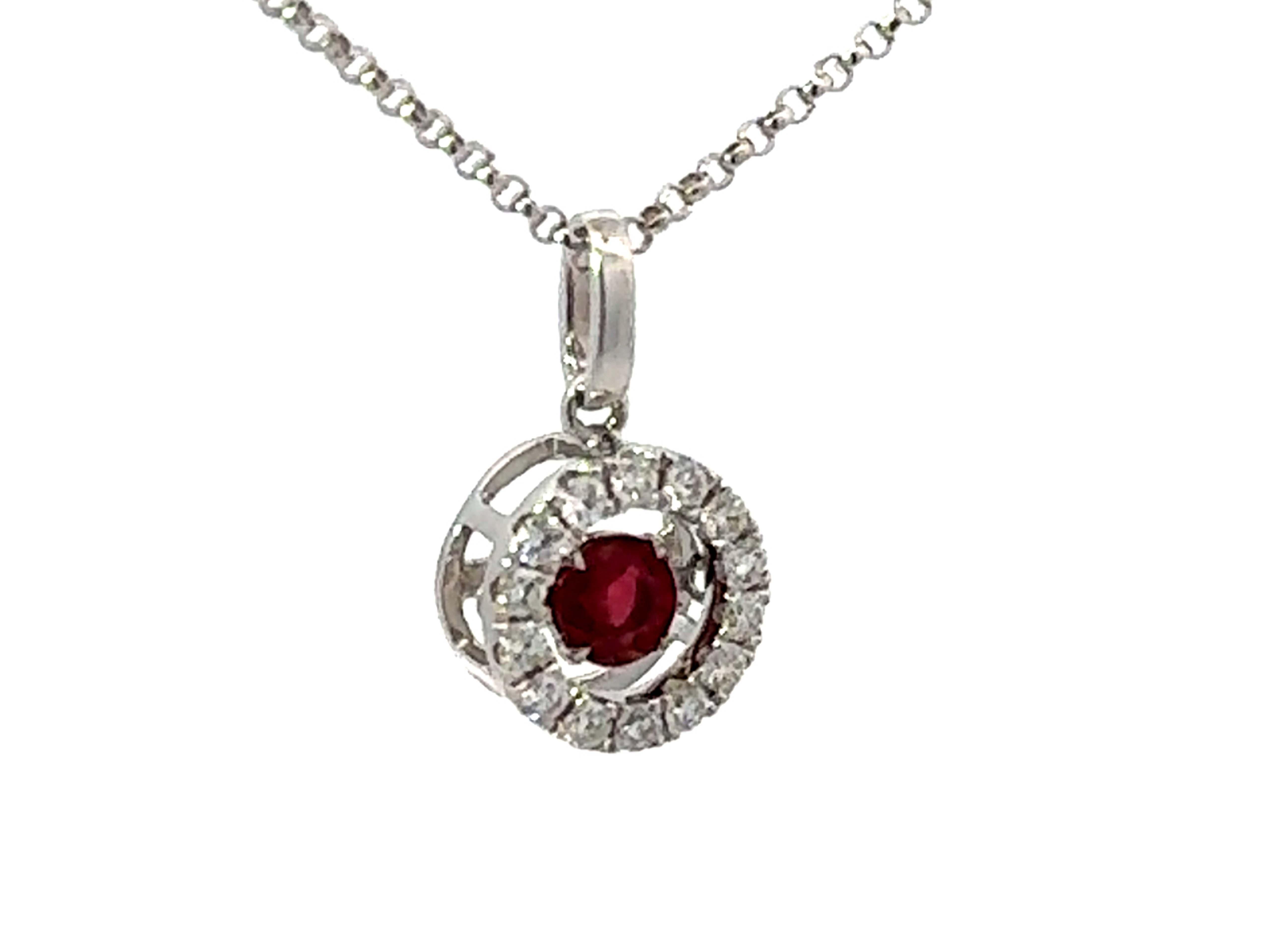 Modern Round Orange Sapphire Diamond Halo Necklace 18k White Gold For Sale