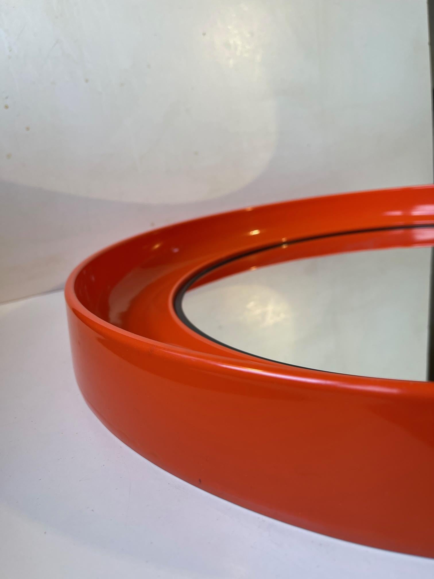 Scandinavian Modern Round Orange Space Age Wall Mirror, Danish 1970s For Sale