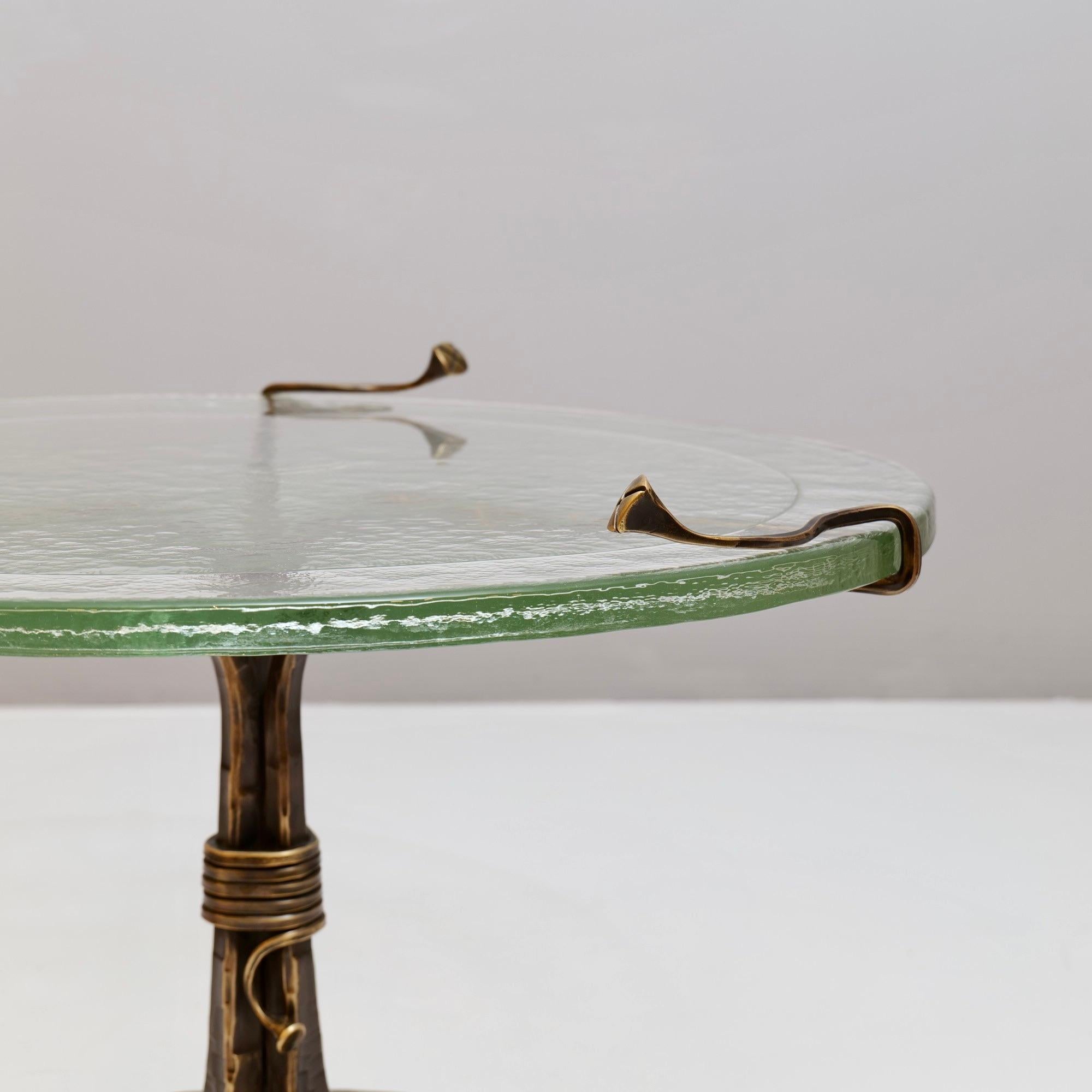 Brutalist round organic forged bronze & glass table Lothar Klute attributed