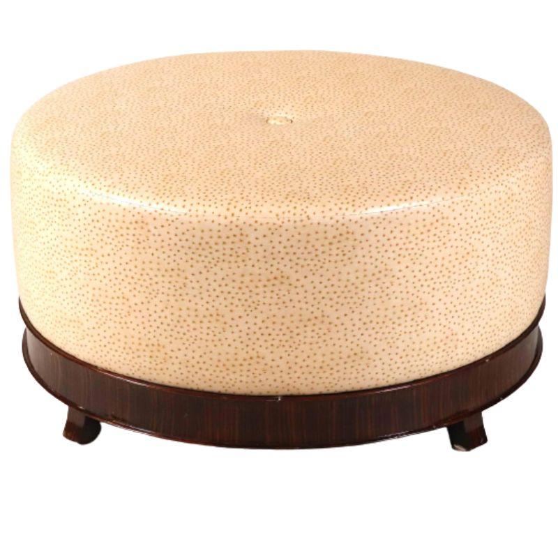 Round Ostrich Ottoman, Center Tuft & Zebrawood Feet In Good Condition For Sale In Locust Valley, NY