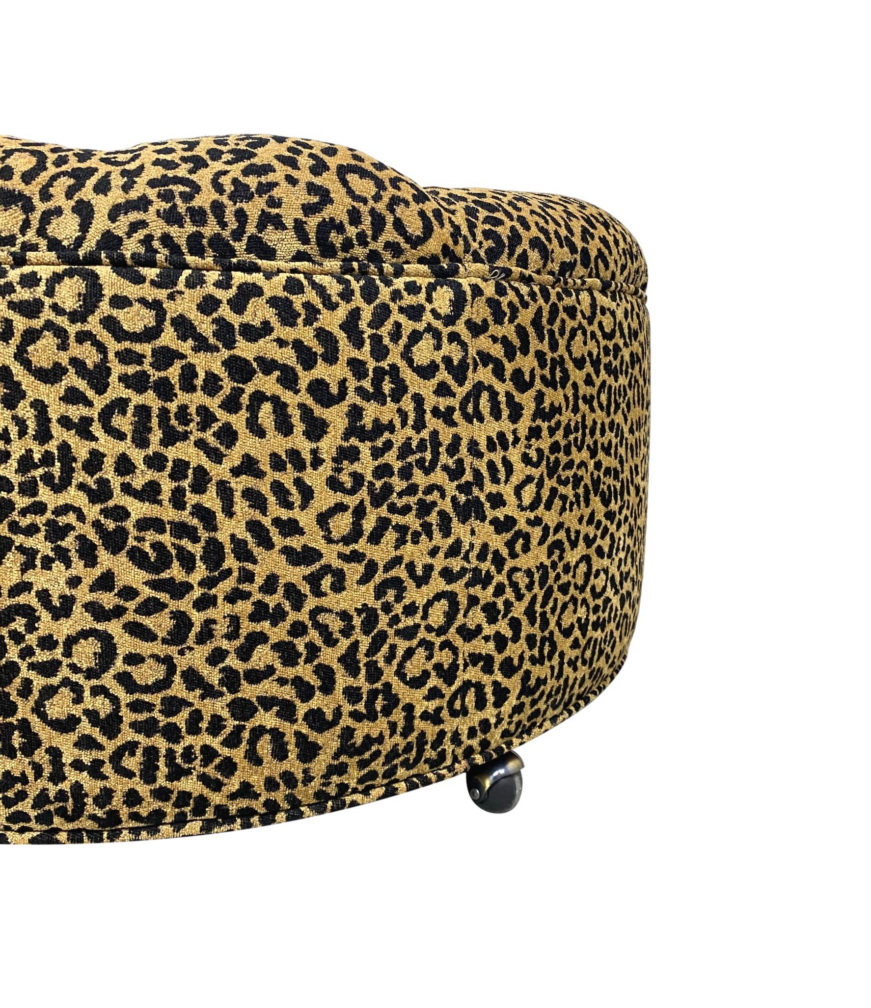 American Round Ottoman, Newly Upholstered in Designer Leopard Print Chenille For Sale