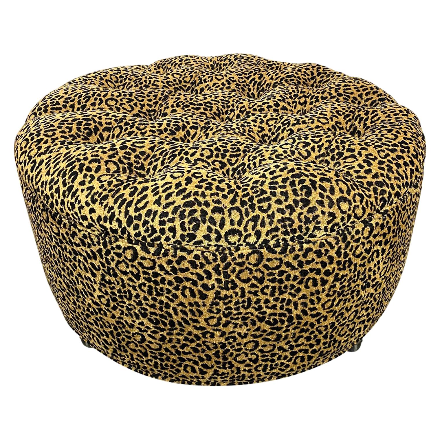 Round Ottoman, Newly Upholstered in Designer Leopard Print Chenille For Sale