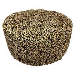 Round Ottoman, Newly Upholstered in Designer Leopard Print Chenille