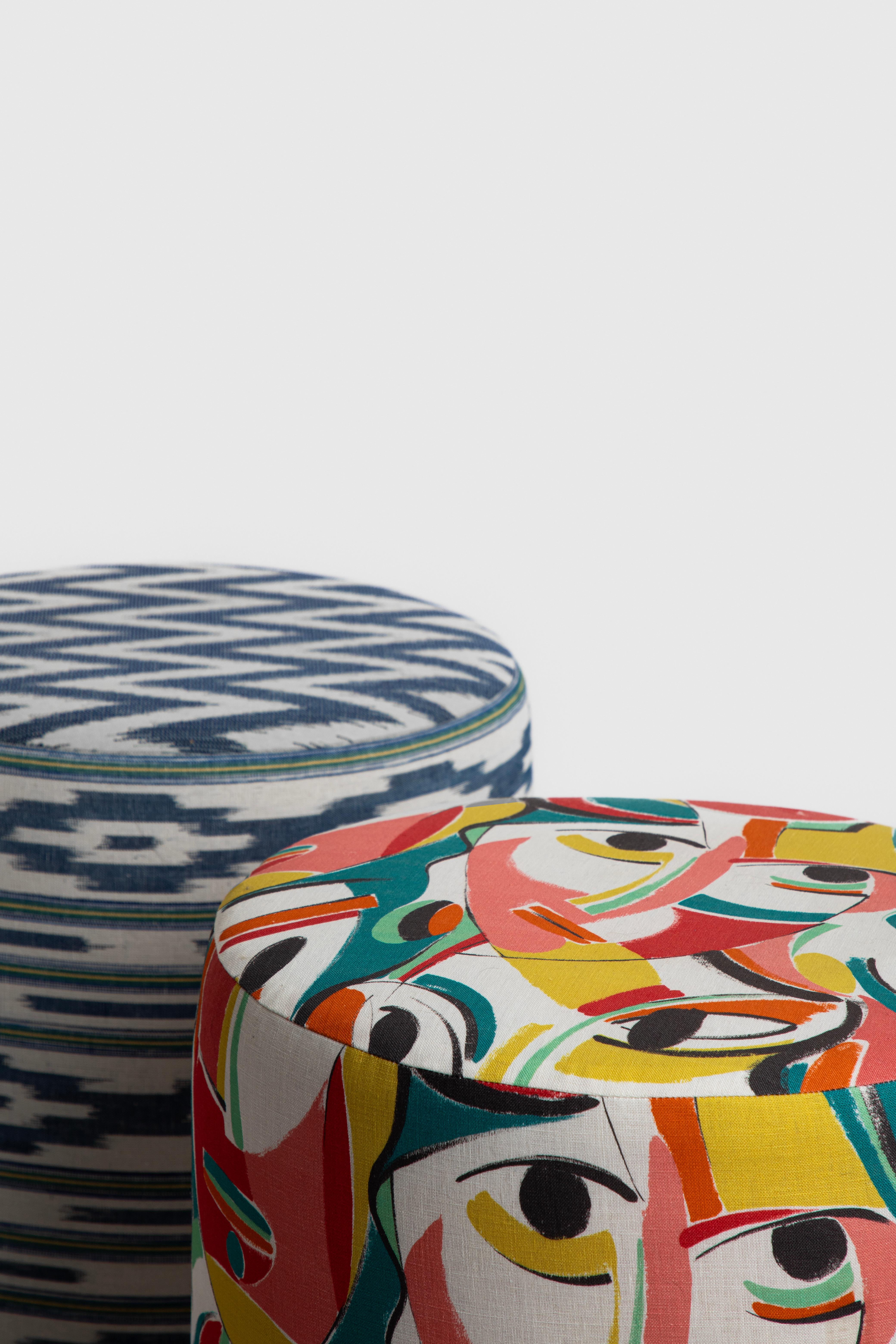 Mexican Round Ottoman Seat with Printed Fabric, Blue and Green For Sale