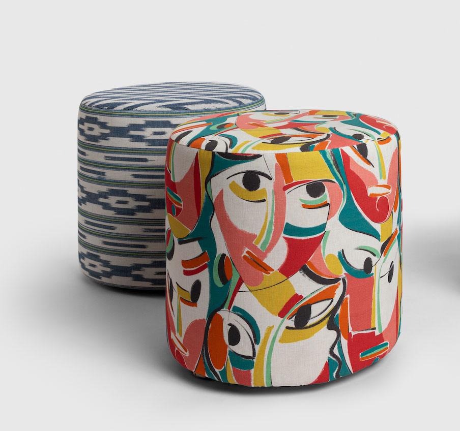 Round Ottoman Seat with Printed Fabric, Multicolor In New Condition For Sale In Mexico, Ciudad de México